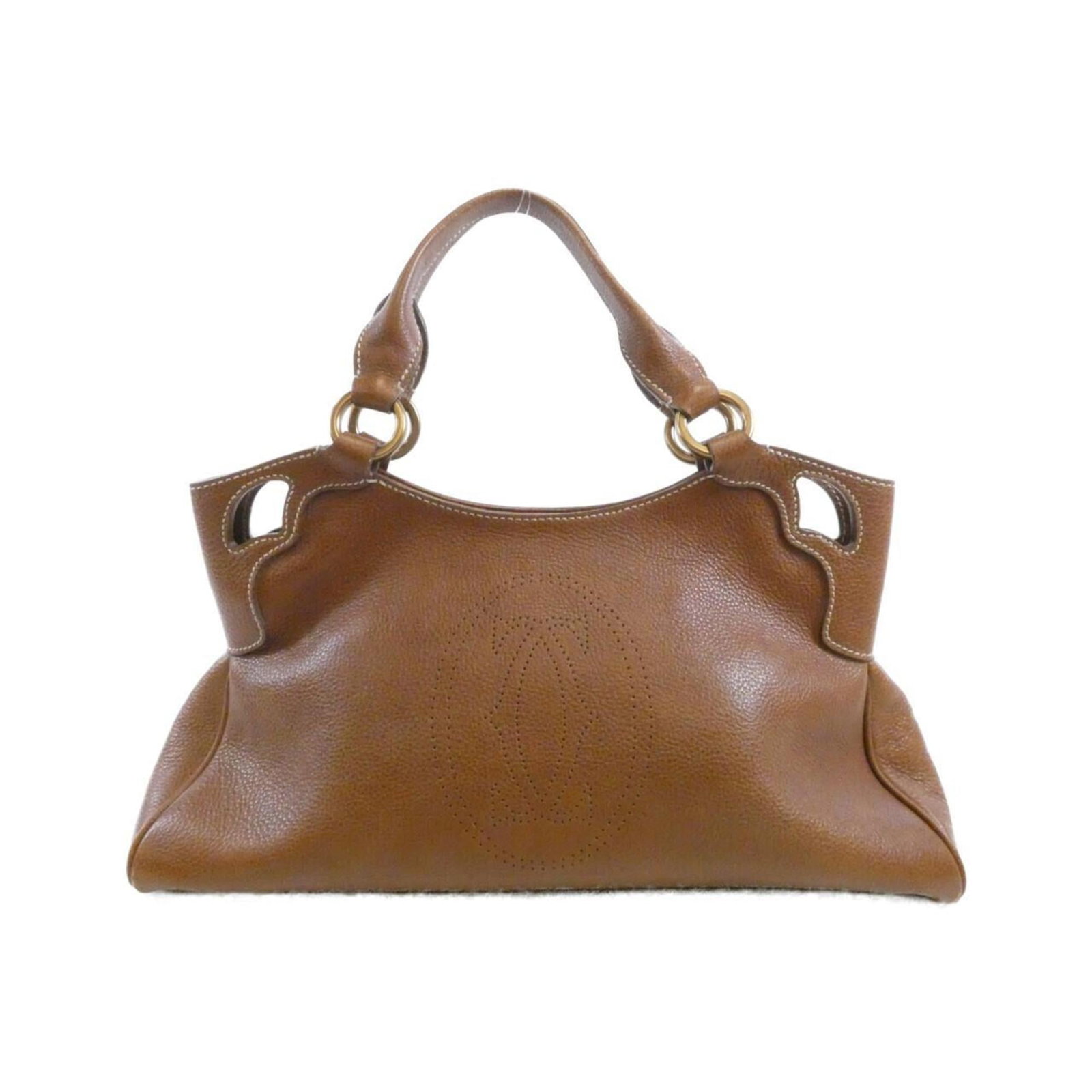 Handbag Leather from Cartier: Handbag Leather from Cartier Cartier's signature style shines in this elegant brown, camel-colored handbag made from high-quality calfskin leather. Measuring 18cm x 36cm x 12cm, it features a classic