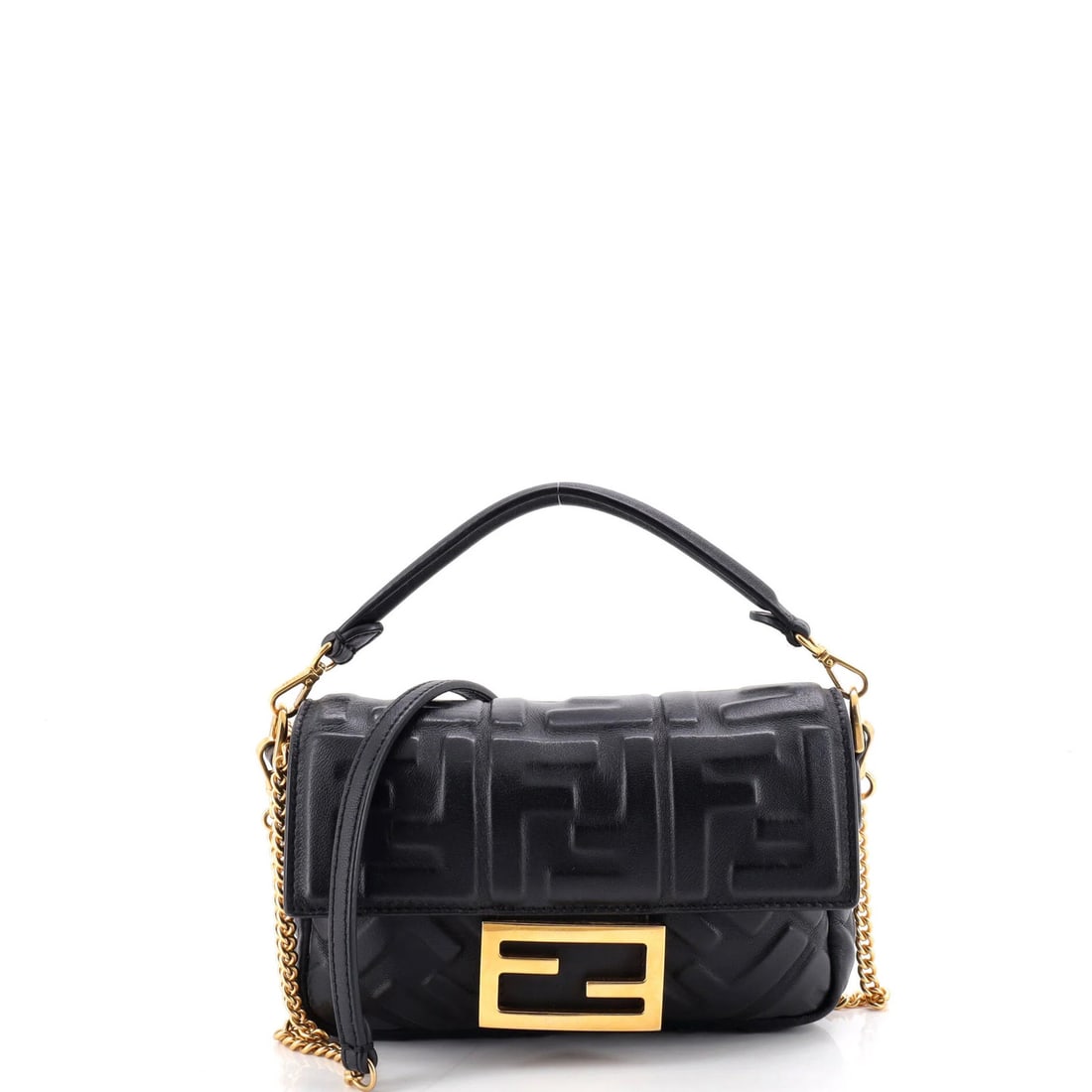 Fendi Baguette NM Bag Zucca Embossed Leather Mini: Fendi Baguette NM Bag Zucca Embossed Leather Mini The Fendi Baguette NM Bag Zucca Embossed Leather Mini boasts sleek, black exterior with intricate zebra-print embossing. This compact cross-body bag