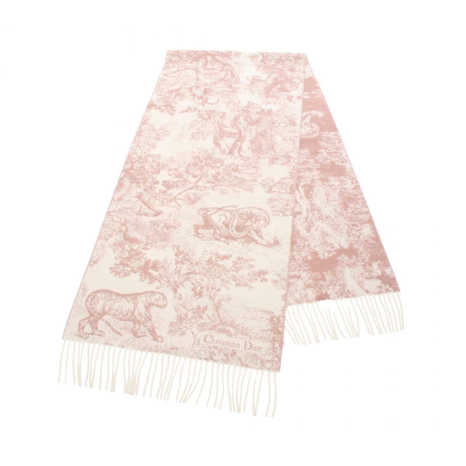 Dior Cashmere Wool Scarf: Dior Cashmere Wool Scarf Dior's Cashmere Wool Scarf boasts a vibrant pink hue and elegant white accents, showcasing the luxurious blend of wool and cashmere. Measuring an impressive 2.2m x 47cm, this