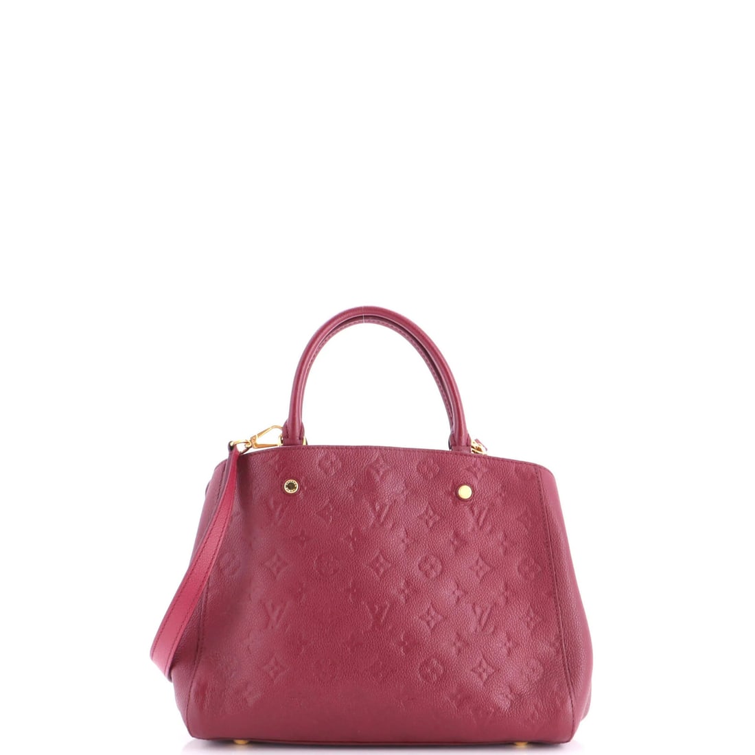 Montaigne Empreinte Leather Handbag Vuitton Louis MM: Montaigne Empreinte Leather Handbag Vuitton Louis MM Burgundy Montaigne Empreinte Leather MM handbag from Louis Vuitton, featuring top handle and gold hardware. Minor scuffs, creases, and corner wear