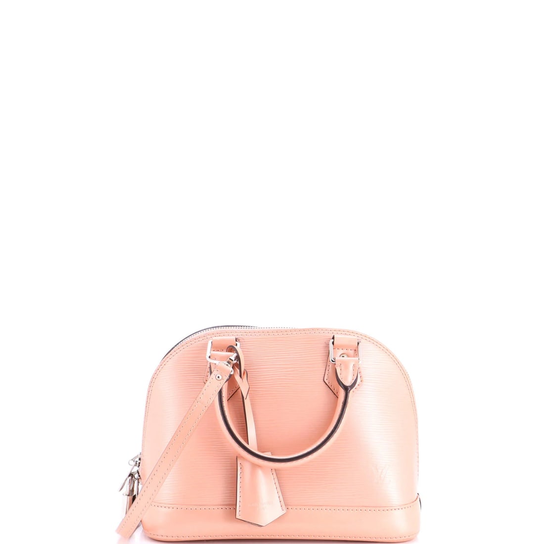 Epi leather handbag Louis Vuitton Alma: Epi leather handbag Louis Vuitton Alma Pink Epi leather Louis Vuitton Alma handbag with top handle, measuring 4" drop and 7" height. The bag features a touch-up on the front, heavy corner wear, and sc