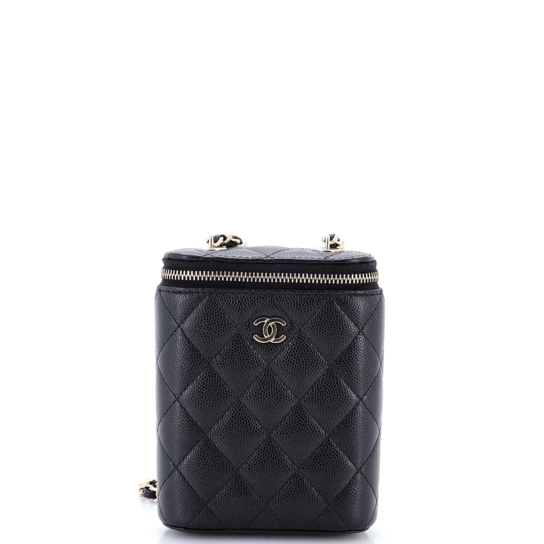Classic Chanel Quilted Vanity Case with Chain Small Caviar Vertical: Classic Chanel Quilted Vanity Case with Chain Small Caviar Vertical Classic Chanel Quilted Vanity Case with Chain Small Caviar Vertical features a timeless design, black leather exterior, and gold ton