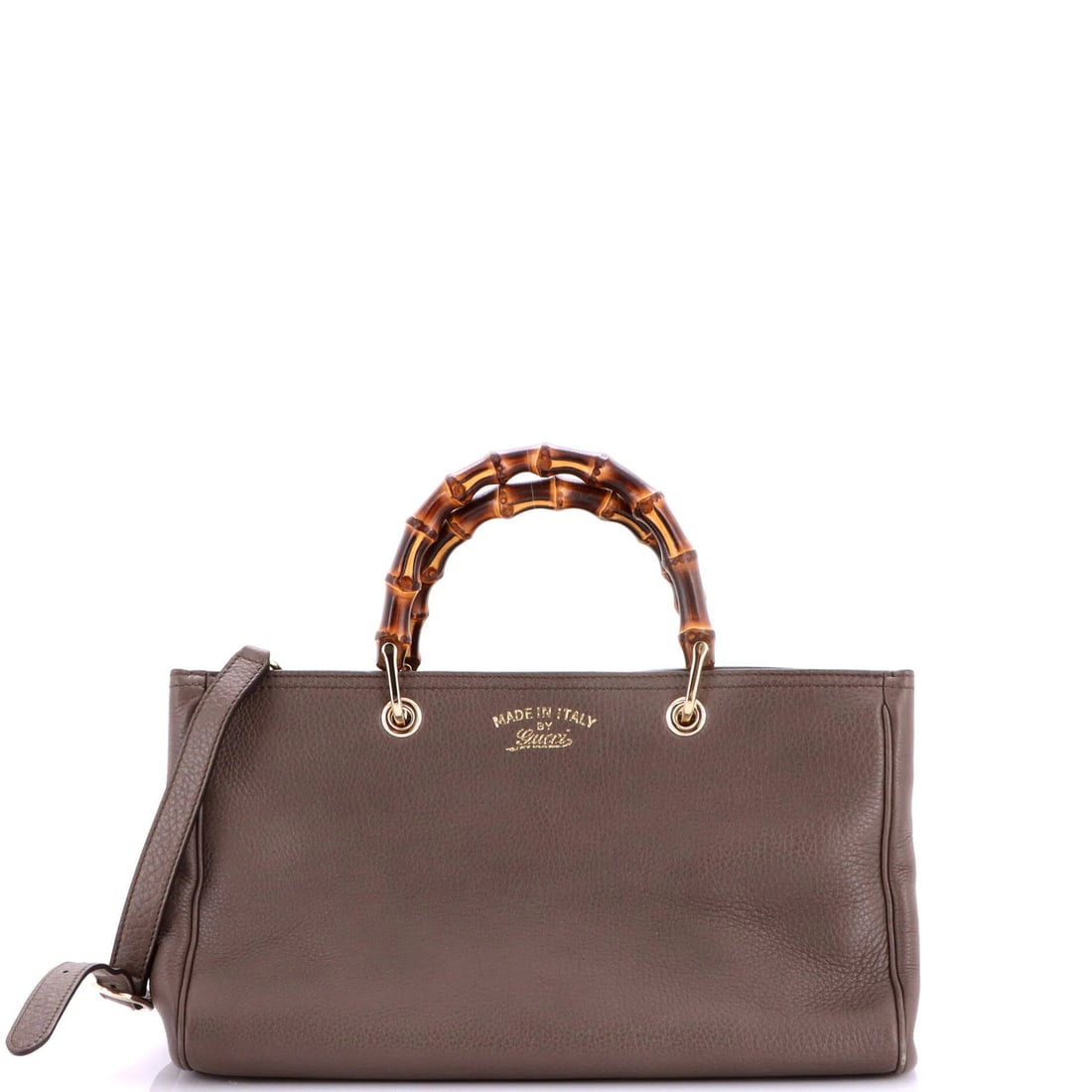 Gucci leather tote shopper bamboo medium: Gucci leather tote shopper bamboo medium Gray Gucci leather tote shopper with bamboo medium size, featuring a neutral canvas interior and gold tone hardware. Minor creases and scuffs are present on th