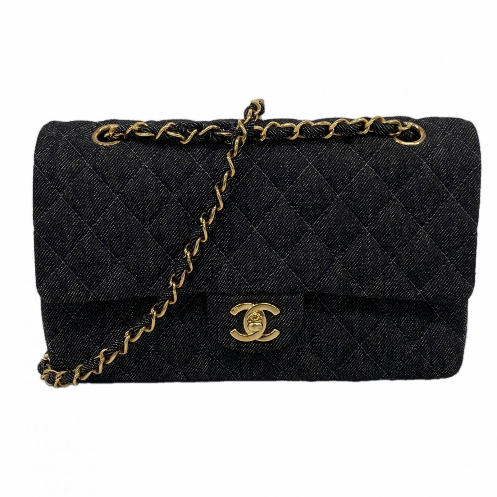 Denim Chanel Shoulder Bag: Denim Chanel Shoulder Bag Denim Chanel Shoulder Bag - A stylish and unique take on the classic Chanel design, this bag features a striking denim material in black, paired with gold hardware for a touc
