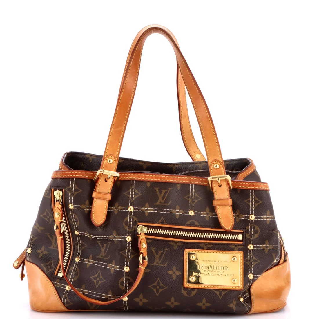 Vuitton Riveting Handbag Monogram Louis: Vuitton Riveting Handbag Monogram Louis Brown Louis Vuitton Riveting Handbag Monogram Canvas Exterior, water stains and heavy scuffs throughout. The item measures 8" handle drop, 13.5" width, and 6"
