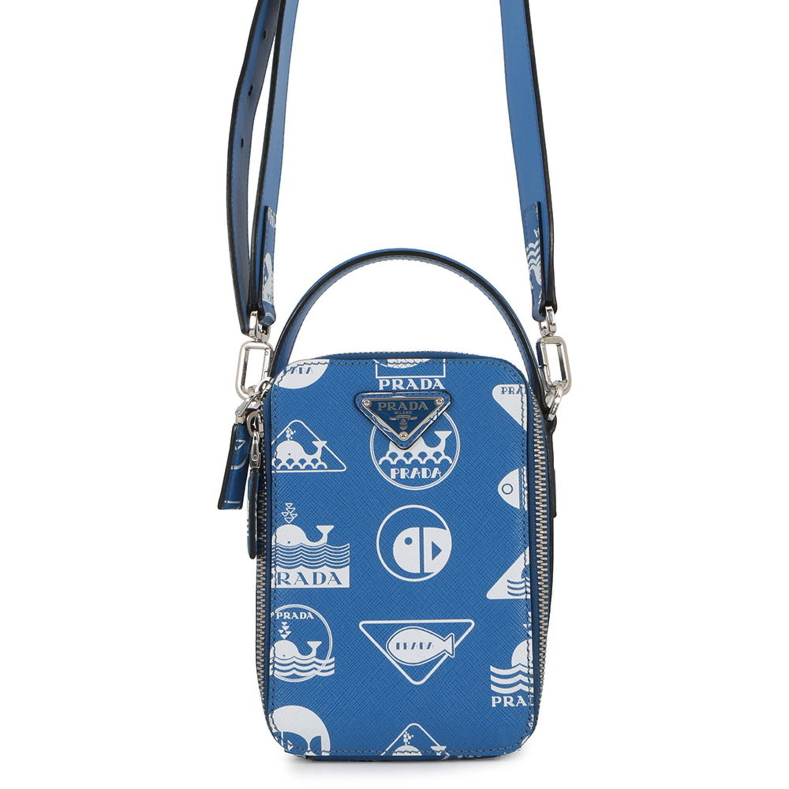 Shoulder Bag Prada Leather Handbag: Shoulder Bag Prada Leather Handbag Blue and White Prada Leather Shoulder Bag. This Italian-made leather shoulder bag features bold blue and white colors, with a sleek design that showcases its high-qu