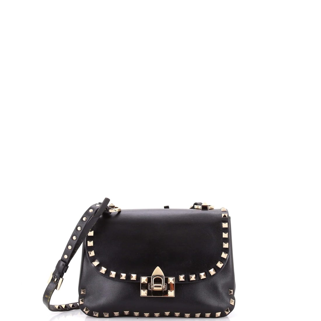 Valentino Garavani Rockstud Flip Lock Flap Bag Leather Small: Valentino Garavani Rockstud Flip Lock Flap Bag Leather Small Black leather small shoulder bag with Rockstud Flip Lock Flap design, featuring gold tone hardware and suede interior. Measuring 5.5" heigh