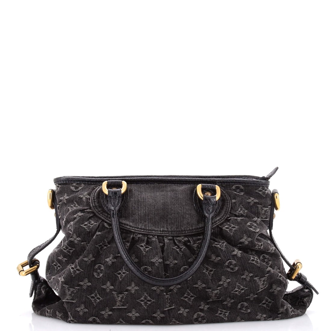 Handbag Denim Cabby Neo GM Vuitton Louis: Handbag Denim Cabby Neo GM Vuitton Louis Black Denim Louis Vuitton Neo Cabby Handbag with Aged Gold Hardware, featuring a unique blend of style and durability. This Fair-condition handbag boasts a dis