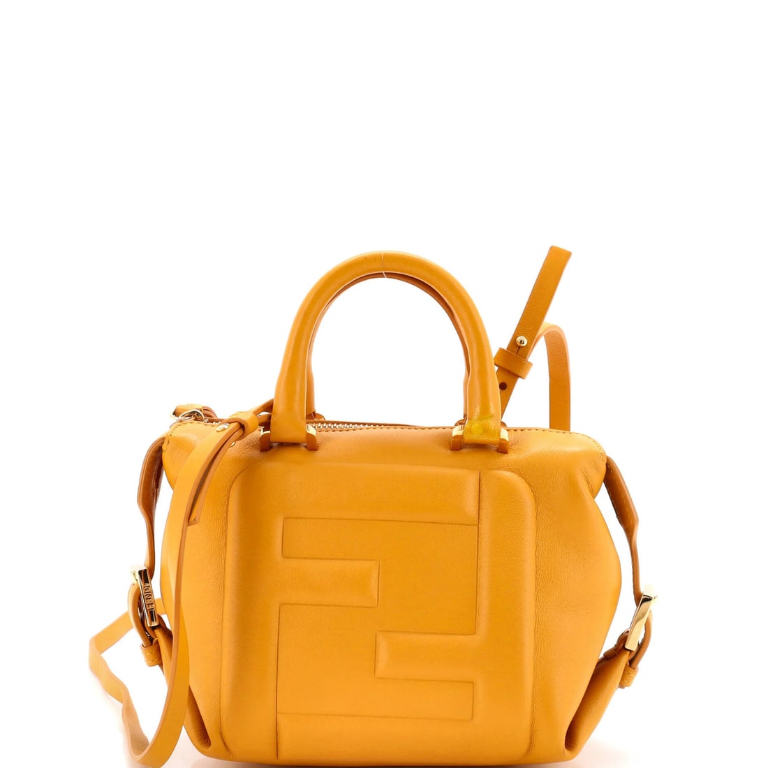 Fendi ff nappa leather mini cube bag: Fendi ff nappa leather mini cube bag Yellow Fendi FF nappa leather mini cube bag with gold hardware, measuring 6" in height and 7.5" in width, features a sturdy handle drop of 3". The exterior shows