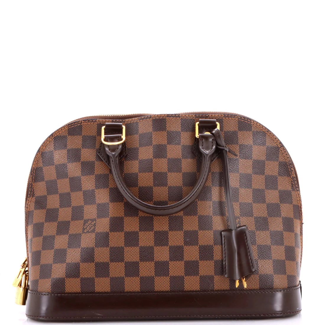 Handbag Alma Handbag Damier Louis Vuitton: Handbag Alma Handbag Damier Louis Vuitton The Alma Handbag Damier PM from Louis Vuitton boasts a timeless design with its top handle and classic canvas-coated exterior in rich brown. Measuring 9" tall