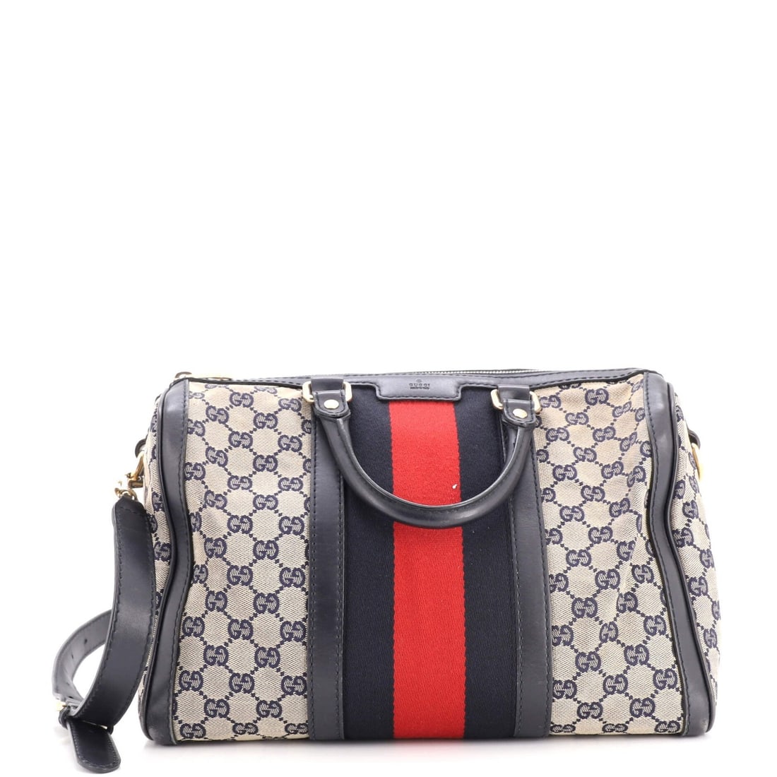 Gucci Vintage Web Boston Bag GG Canvas Medium: Gucci Vintage Web Boston Bag GG Canvas Medium The Gucci Vintage Web Boston Bag GG Canvas Medium boasts a striking blue canvas exterior with classic leather accents, perfectly balanced by neutral