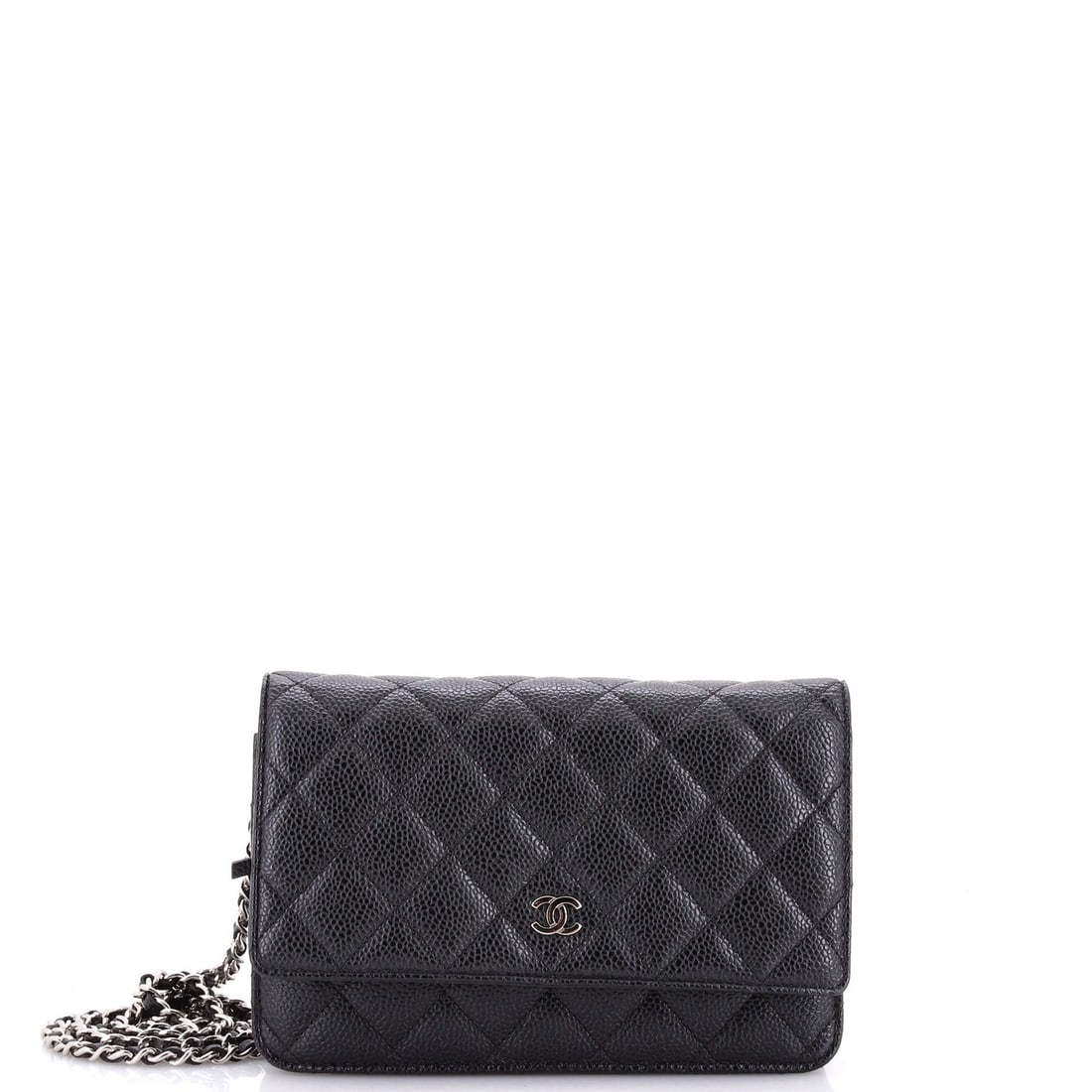 Chain quilted caviar wallet Chanel: Chain quilted caviar wallet Chanel Chain quilted caviar wallet from Chanel, featuring black leather exterior with red fabric interior and silver hardware. This cross body bag boasts a unique chain des