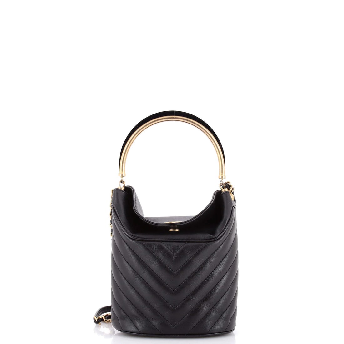 Chanel Handle with Chic Lambskin Chevron Bag: Chanel Handle with Chic Lambskin Chevron Bag Black lambskin exterior with chic chevron design, this Chanel handle bag features a sleek bucket shape and aged gold hardware. Minor creases and scuffs ado