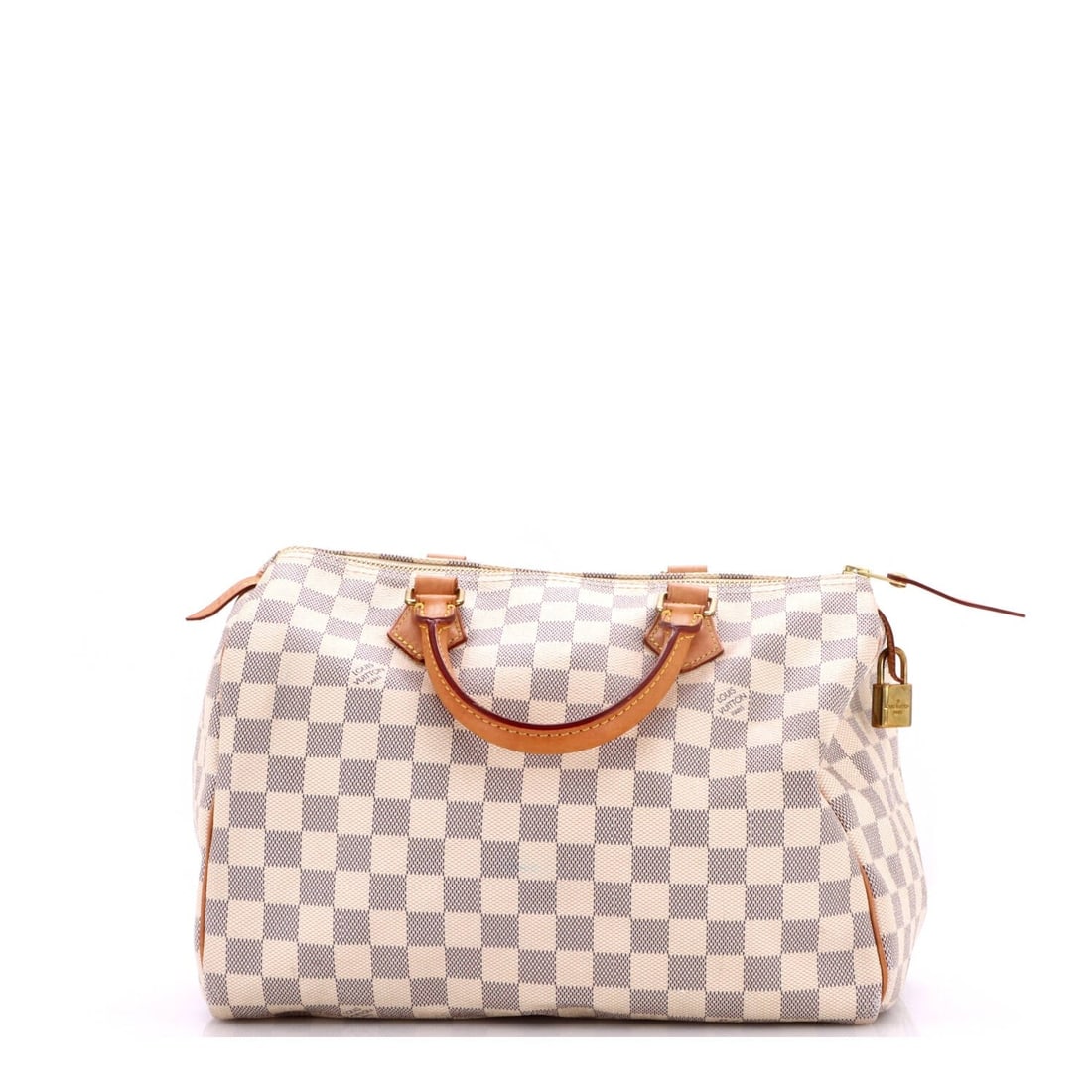 Vuitton Speedy Louis Handbag Damier: Vuitton Speedy Louis Handbag Damier White Louis Vuitton Speedy Louis Handbag Damier in Fair Condition. This iconic handbag features a canvas-coated exterior with heavy corner and edge wear, creases,
