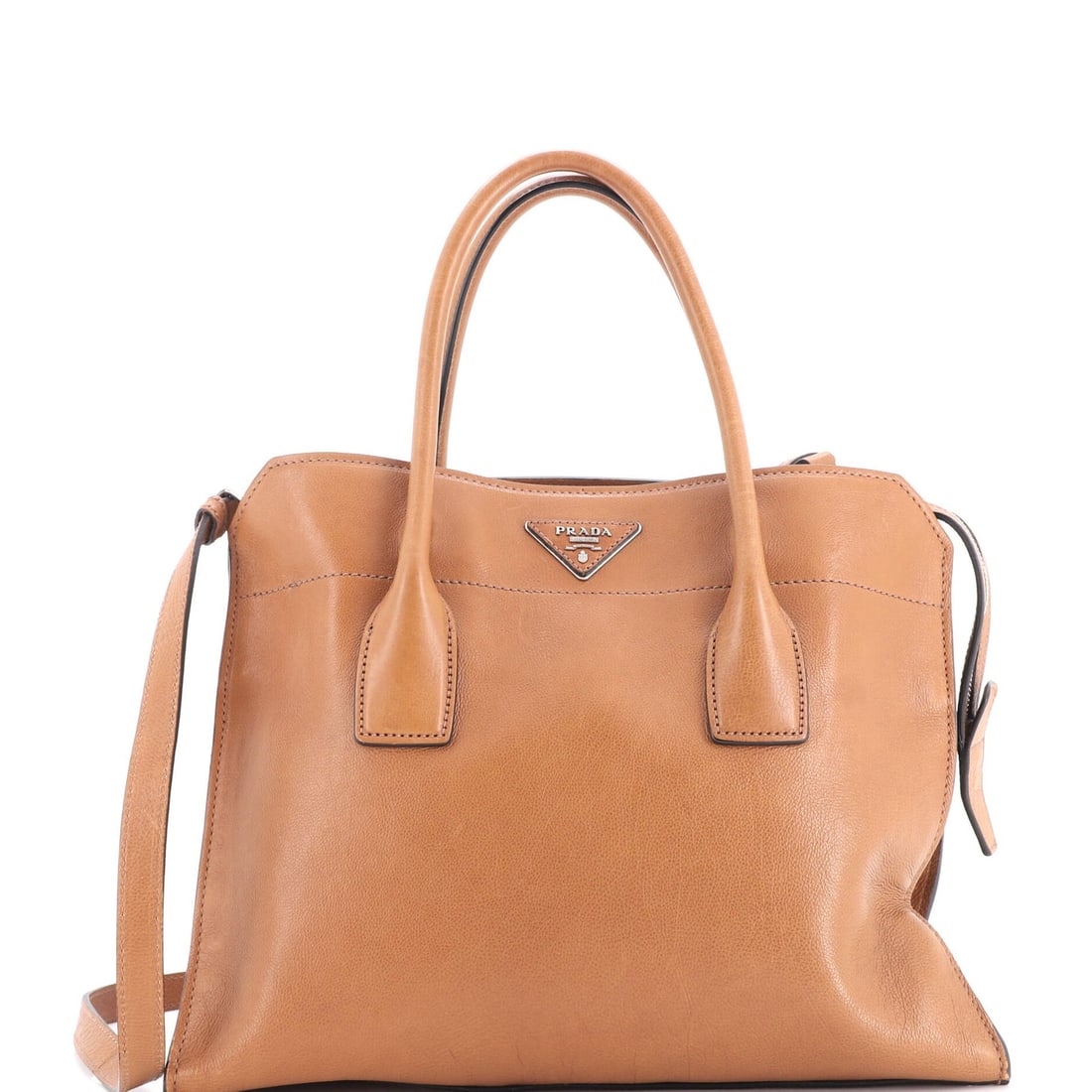 Cuir Leather Double Tote Medium Prada: Cuir Leather Double Tote Medium Prada Brown Cuir Leather Double Tote with Medium Size and Silver Hardware, featuring exterior water stains, corner wear, scuffs, cracking, and minor creases. The