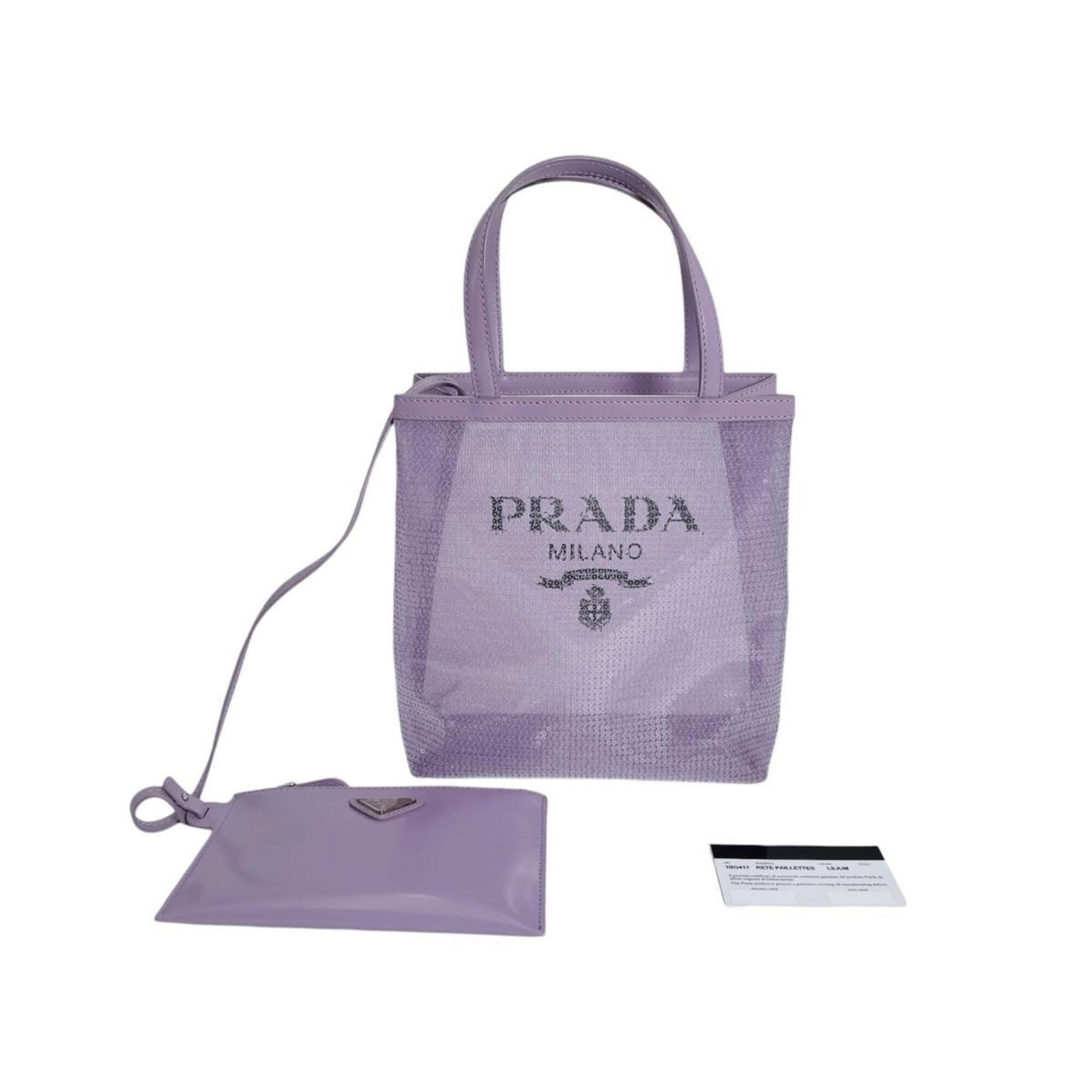 Prada Handbag Pouch Tote Bag Spangles: Prada Handbag Pouch Tote Bag Spangles Prada Handbag Pouch Tote Bag with Spangles features a unique and eye-catching design, showcasing the brand's signature style. Made from high-quality spangles