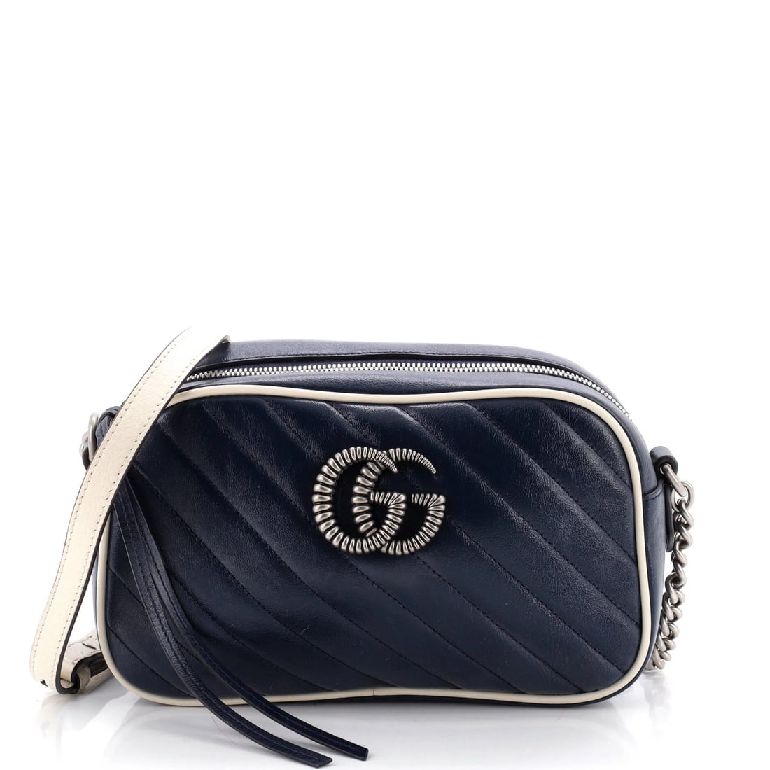 Gucci GG Marmont Diagonal Quilted Leather Small Bag: Gucci GG Marmont Diagonal Quilted Leather Small Bag Small Gucci GG Marmont Diagonal Quilted Leather Shoulder Bag in blue and white, featuring scuffs on the exterior handles and minor edge wear. The