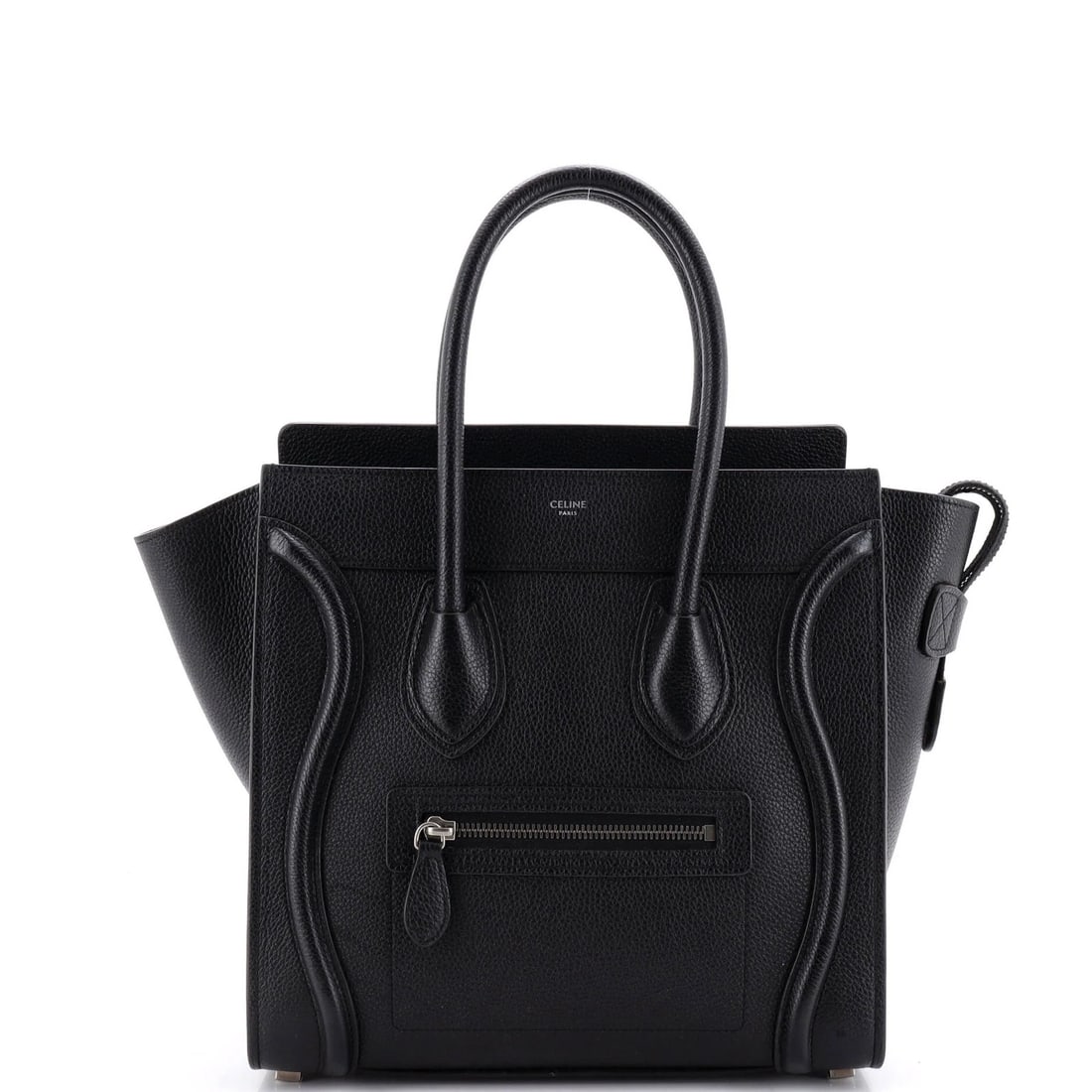 Celine grainy leather luggage bag: Celine grainy leather luggage bag Black grainy leather micro Celine luggage bag with silver hardware, featuring minor scuffs and creases on the exterior and interior. The suede interior has some