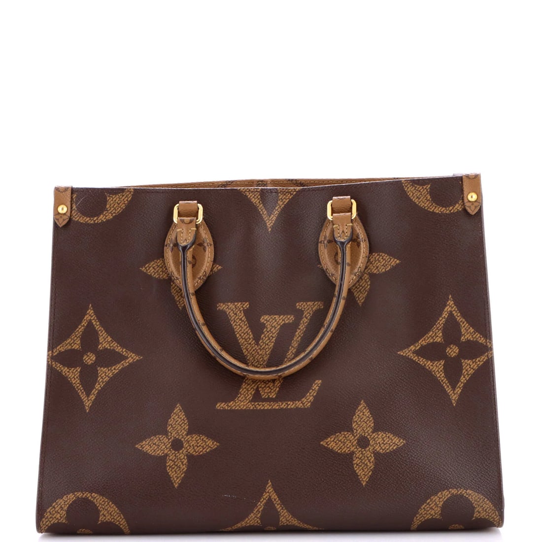 Louis Vuitton OnTheGo Tote Reverse Monogram Giant MM: Louis Vuitton OnTheGo Tote Reverse Monogram Giant MM Brown Louis Vuitton OnTheGo Tote Reverse Monogram Giant MM in Very Good Condition, featuring scuffs, edge wear, discoloration, and minor stains.