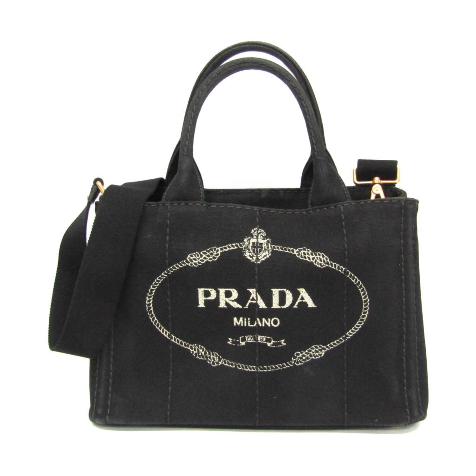 Canvas shoulder bag tote Prada: Canvas shoulder bag tote Prada Black canvas shoulder bag tote with open pockets, featuring a faded finish and adjustable strap length. This Prada S size 1BG439 tote boasts a maximum opening width of