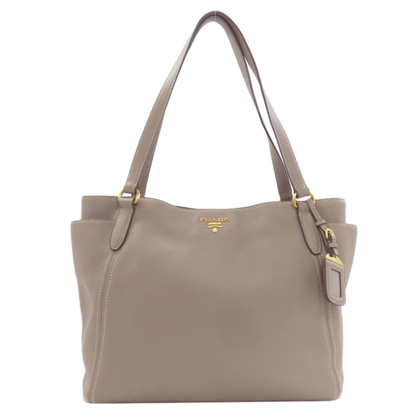 Tote bag leather: Tote bag leather Gray Prada leather tote bag with a classic design, made from high-quality calfskin material and featuring a sturdy handle. The bag measures 29cm x 33.5cm x 14cm and has a convenient
