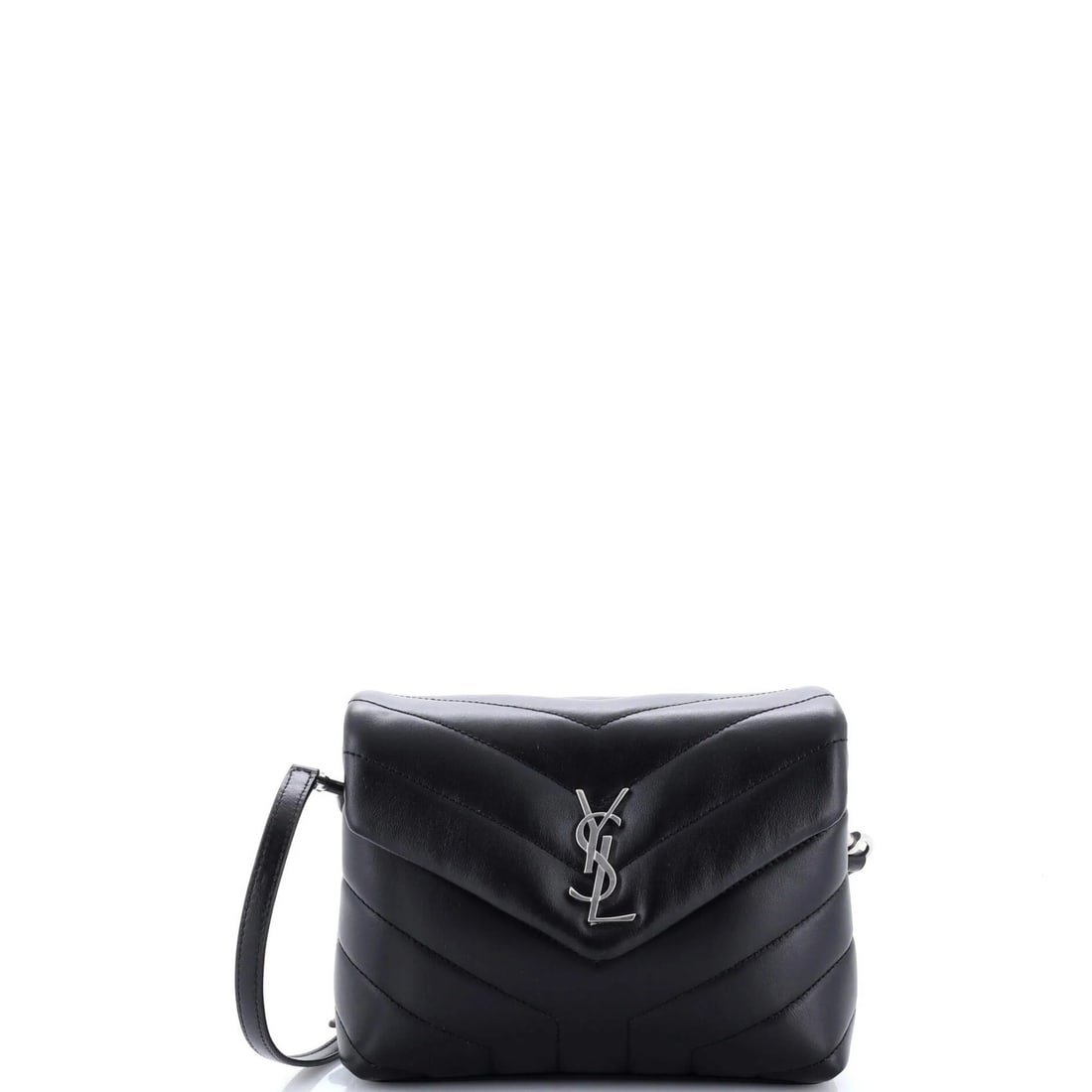 Loulou shoulder bag leather toy matelasse chevron saint laurent: Loulou shoulder bag leather toy matelasse chevron saint laurent Black leather Loulou shoulder bag with matelasse chevron design, featuring silver hardware and interior in black fabric. Measuring 6"