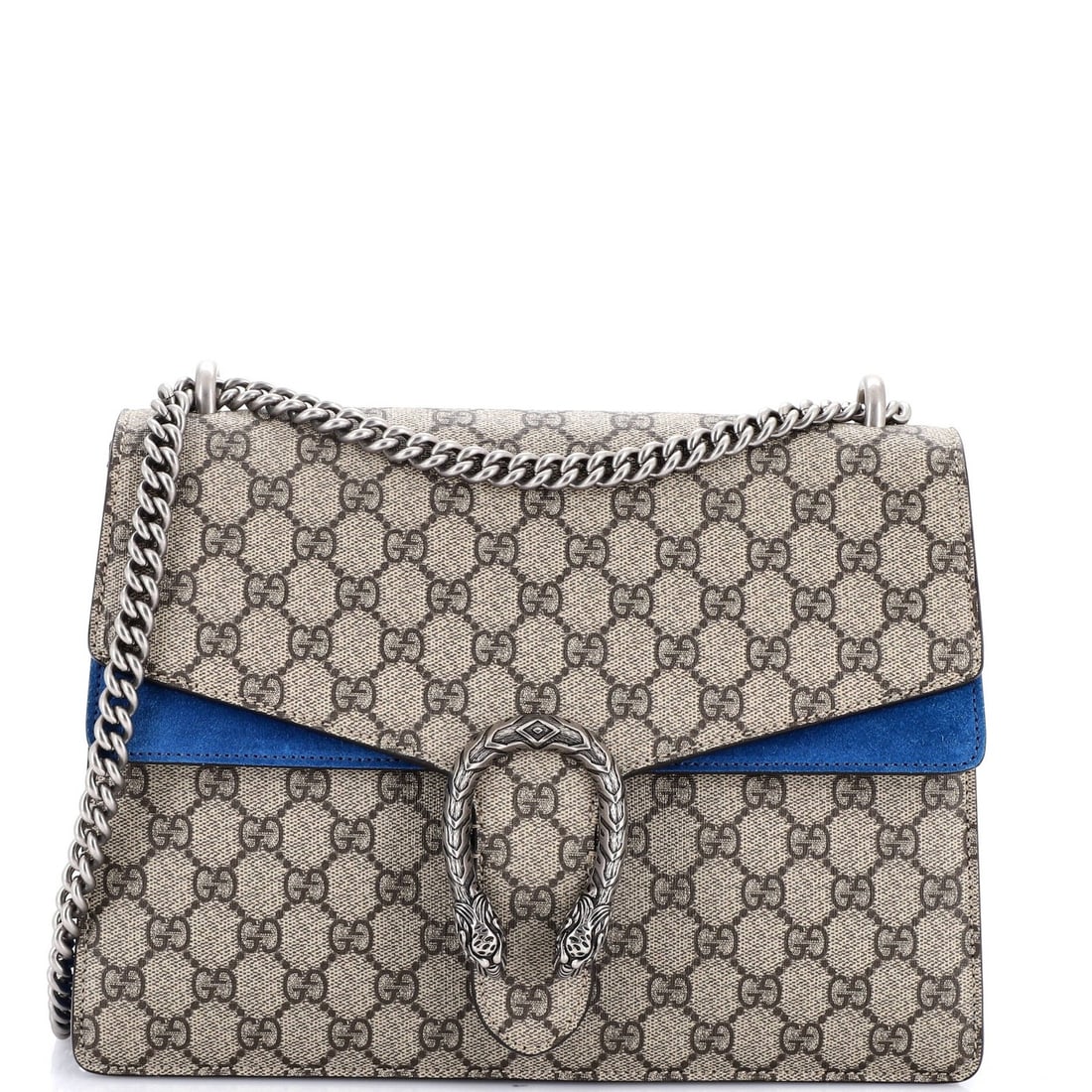 Gucci Dionysus Bag GG Coated Canvas Medium: Gucci Dionysus Bag GG Coated Canvas Medium Blue Gucci Dionysus Bag with GG Coated Canvas Exterior, Suede Interior and Aged Silver Hardware. This medium-sized shoulder bag features a canvas coated