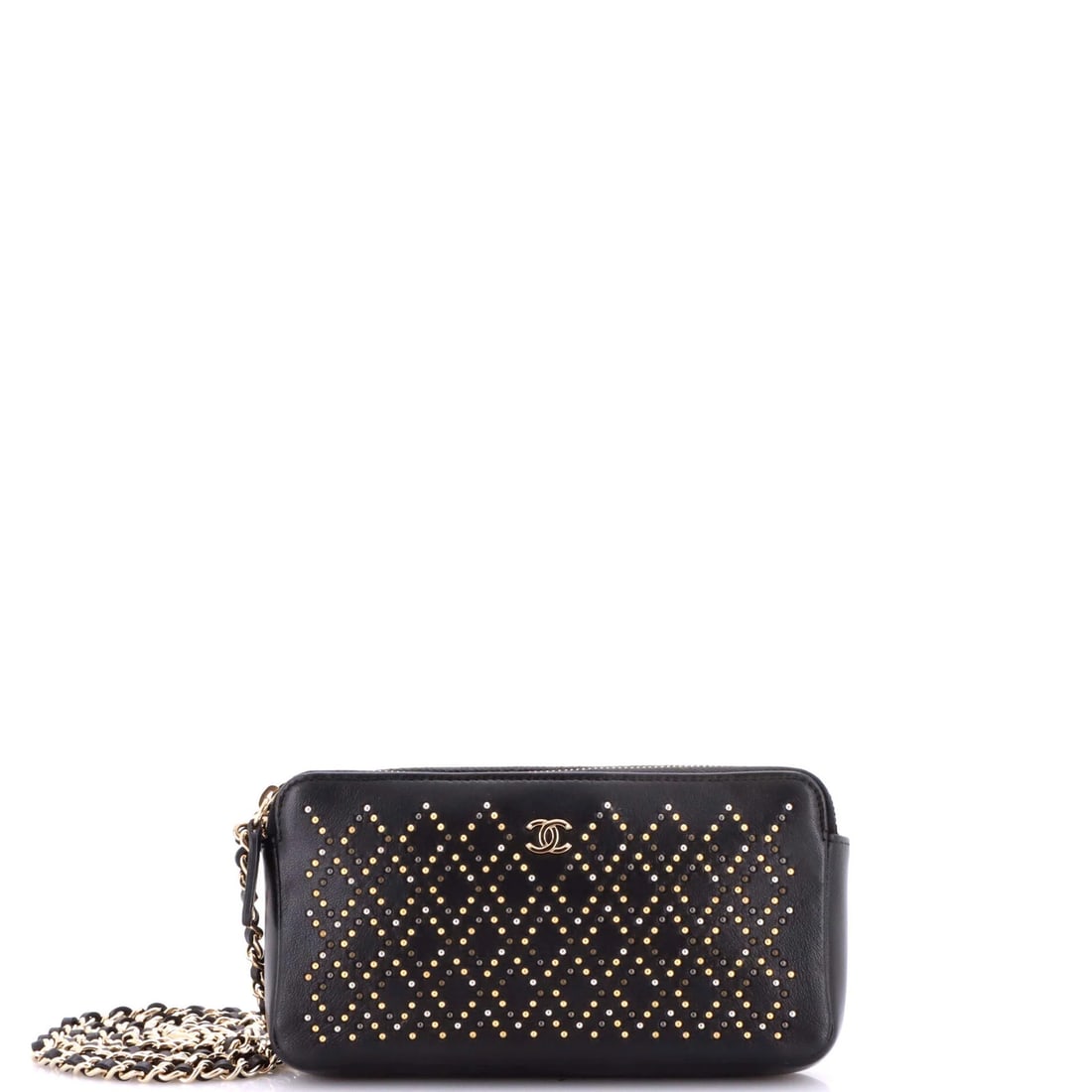 Chain studded leather clutch double zip with Chanel: Chain studded leather clutch double zip with Chanel Chain studded leather clutch with double zip, featuring black exterior and gold tone hardware. This Chanel outlet piece boasts chain-studded leather