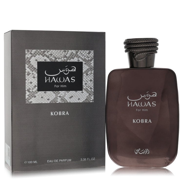 Hawas Kobra by Rasasi Eau De Parfum Spray 3.38 oz: Hawas Kobra by Rasasi Eau De Parfum Spray 3.38 oz The Hawas Kobra by Rasasi Eau De Parfum Spray is a men's cologne available in a 3.38 oz size. This fragrance features the iconic image of an Egyptian 