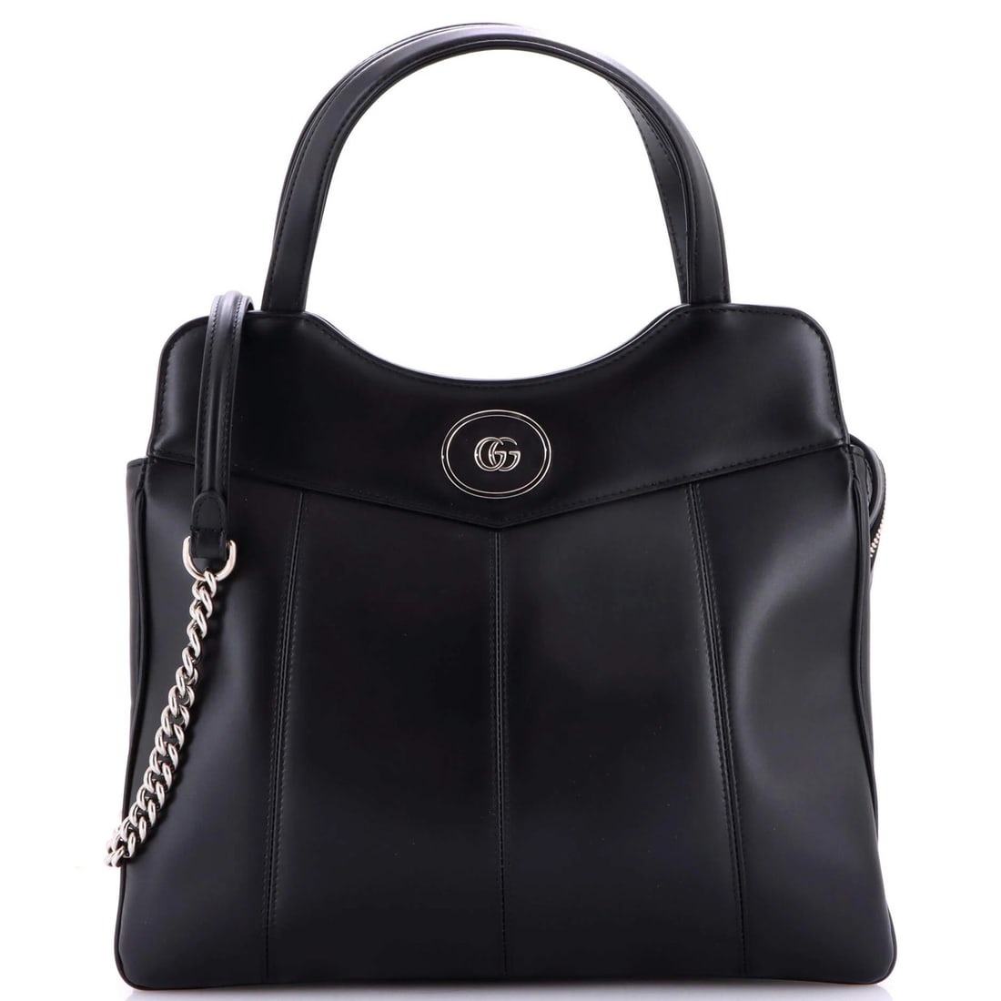 Gucci Petite GG Tote Quilted Leather Medium: Gucci Petite GG Tote Quilted Leather Medium Black Gucci Petite GG Tote Quilted Leather Medium features a classic design with minor scuffs and creases. Measuring 12" high, 13.5" wide, and 1" deep, it