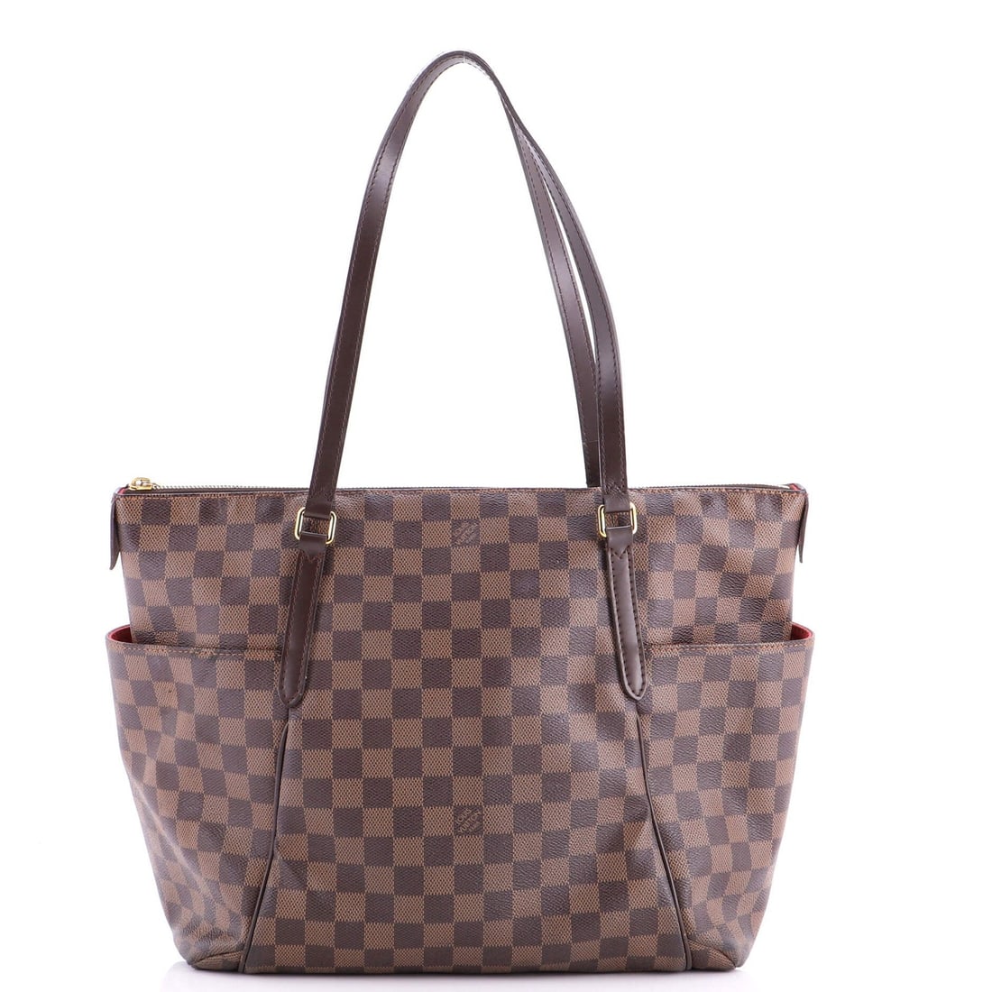 Totally Handbag Louis Vuitton Damier GM: Totally Handbag Louis Vuitton Damier GM Totally Handbag's Louis Vuitton Damier GM shoulder bag boasts a rich, brown canvas exterior with distinctive red interior accents. The classic design features