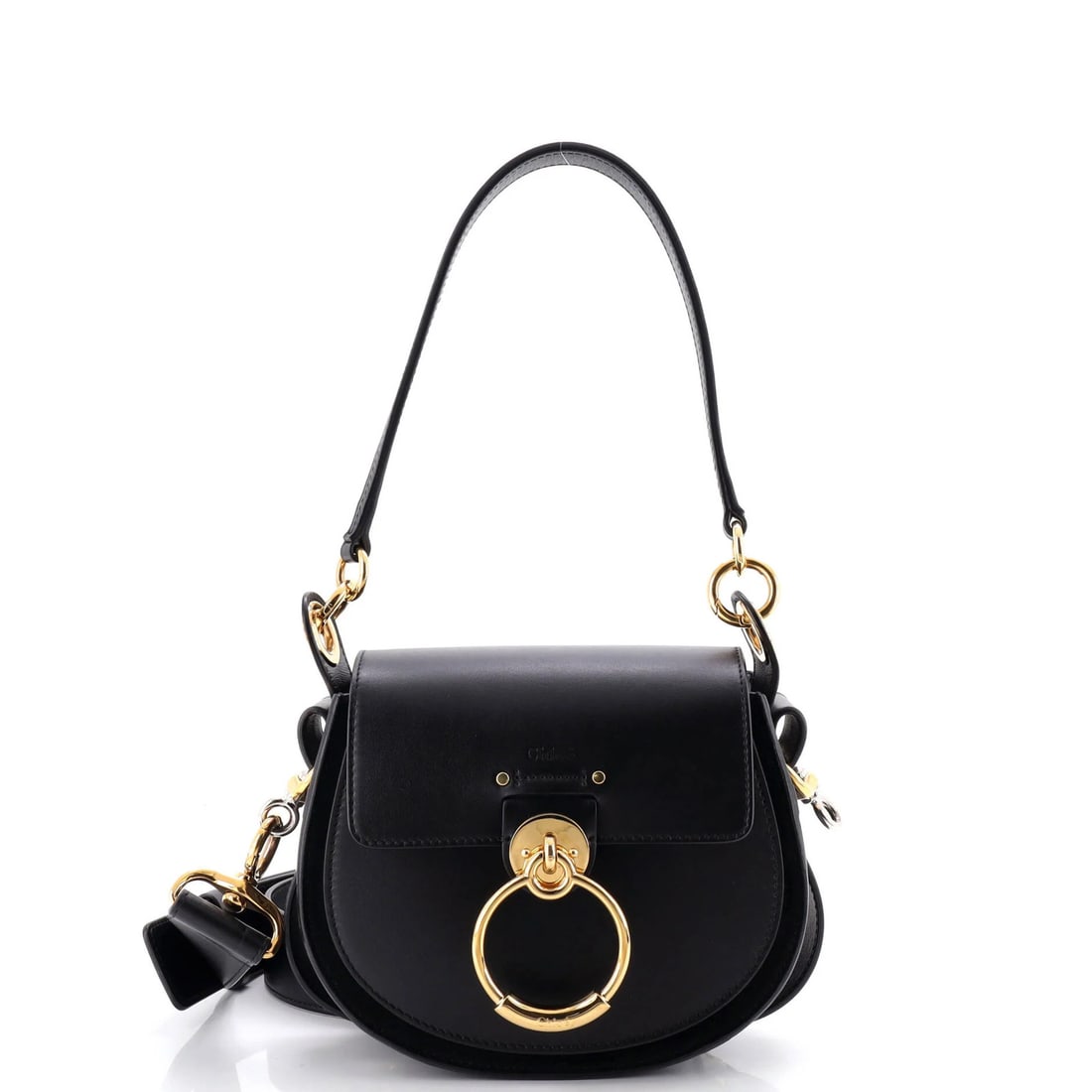 Small leather bag by Chloe Tess: Small leather bag by Chloe Tess Small leather bag by Chloe Tess, featuring black suede exterior with gold hardware and neutral interior. The bag showcases minor scuffs and edge wear, giving it a