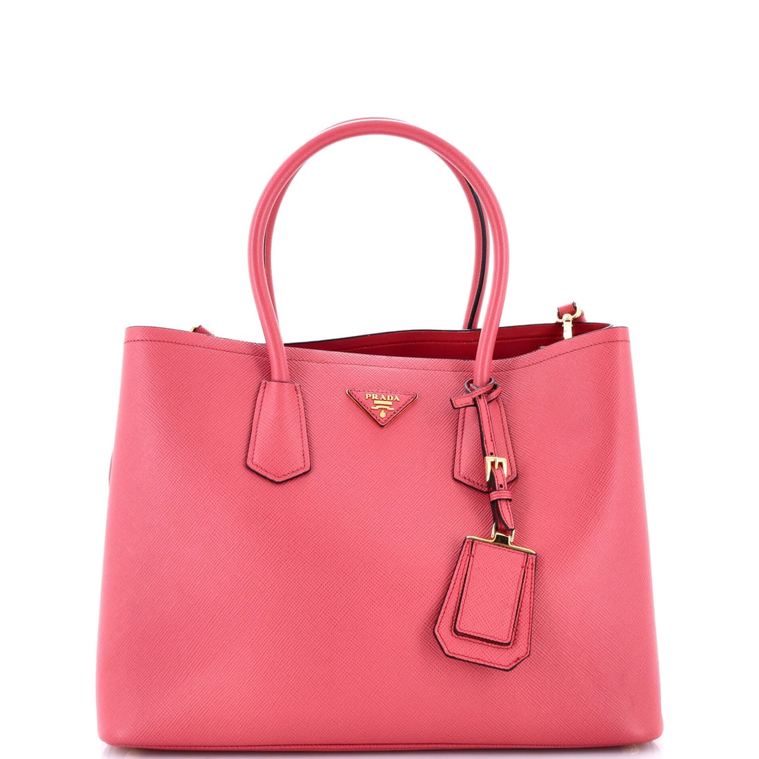 Saffiano Leather Double Cuir Tote Medium: Saffiano Leather Double Cuir Tote Medium Saffiano Leather Double Cuir Tote Medium in Pink, featuring a stylish design with Poignet Luggage Tag and Gold Hardware. This medium-sized tote boasts a