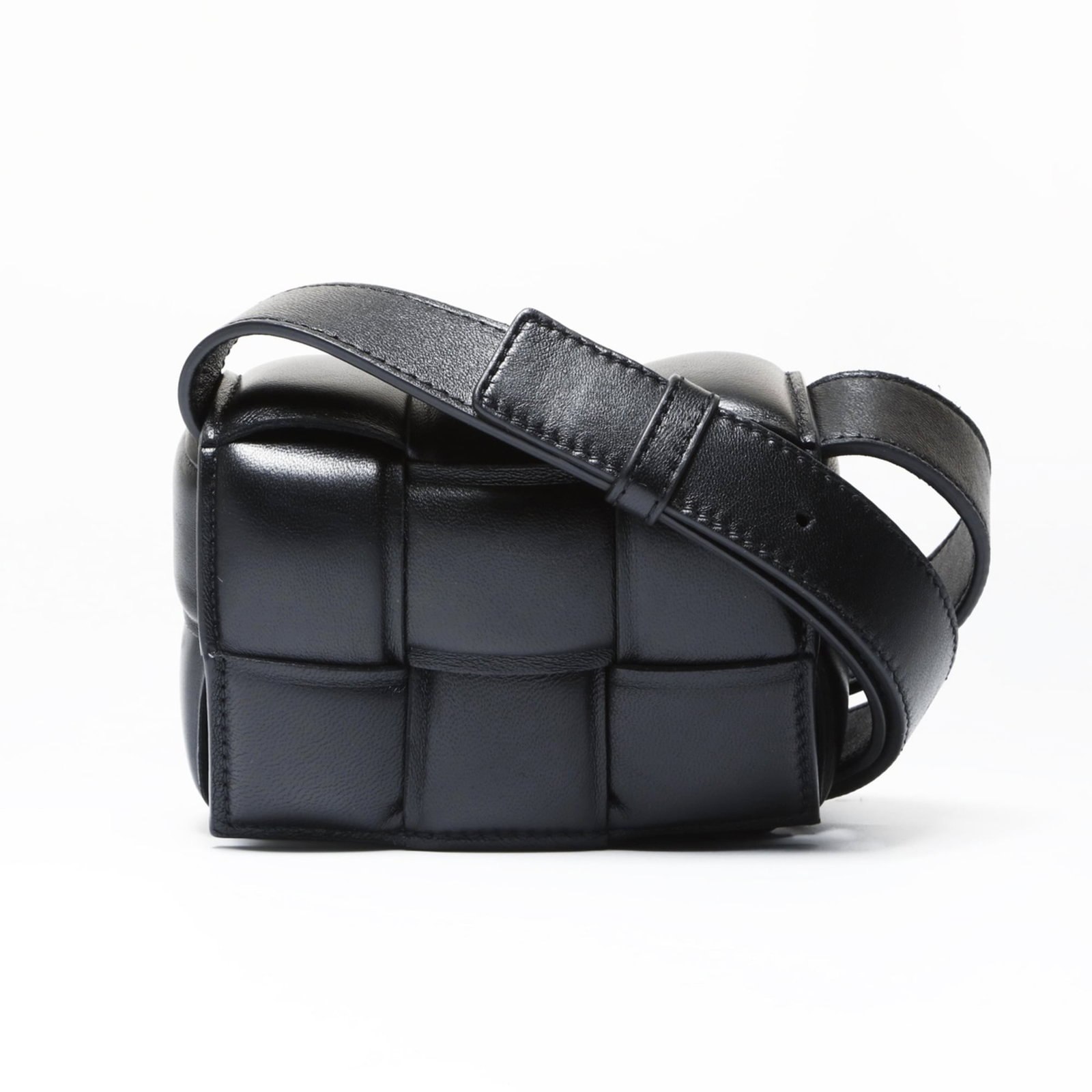 Shoulder Bag by Bottega: Shoulder Bag by Bottega Black shoulder bag by Bottega Veneta, measuring 9cm x 13cm x 5cm. Features adjustable strap length of 115cm - 141cm for a customizable fit. Made from high-quality materials