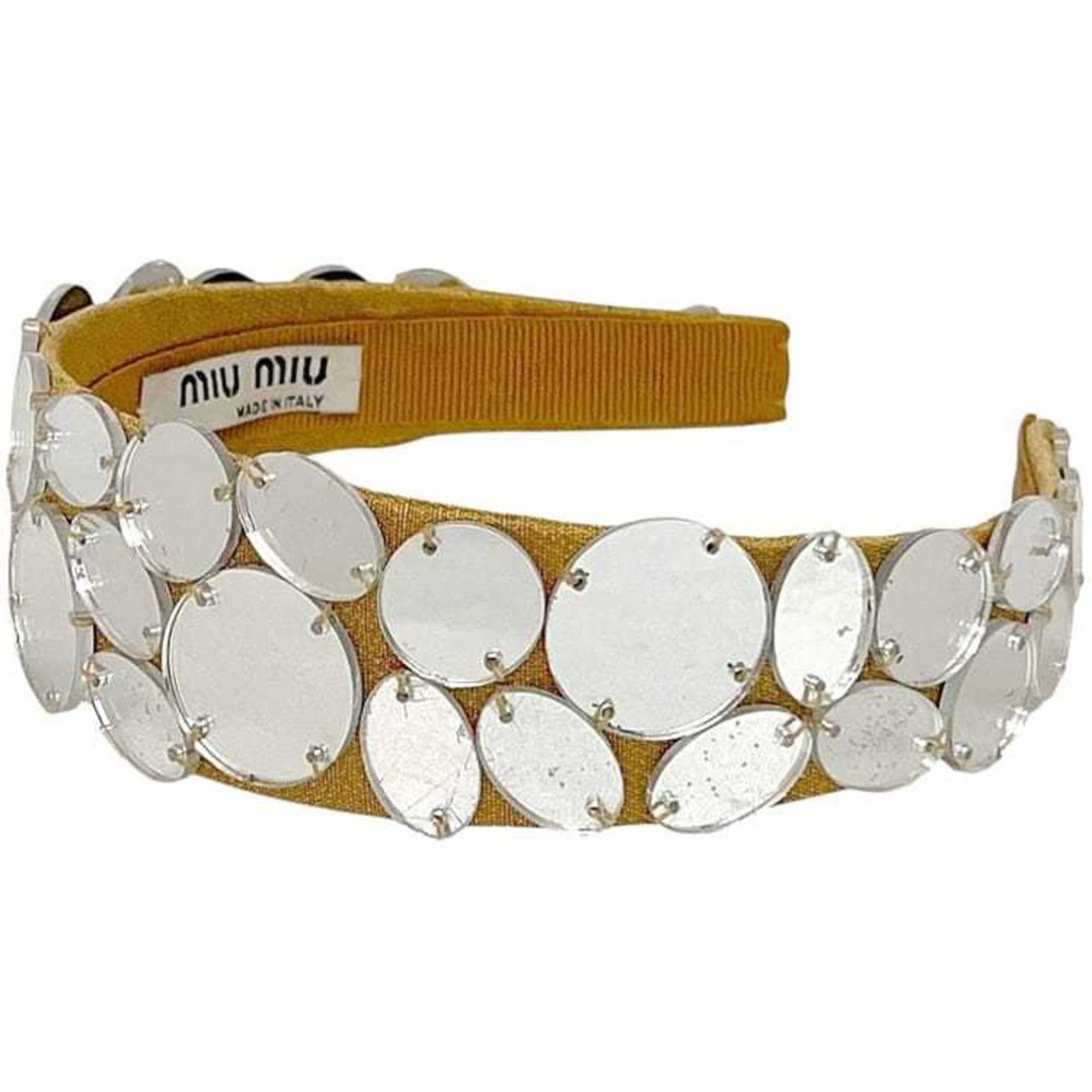 Miu Alice Band Canvas Plastic: Miu Alice Band Canvas Plastic Canvas and plastic combine in the Miu Alice Band, a simple yet elegant accessory featuring a beige and silver design. The compact size makes it easy to wear, measuring ju