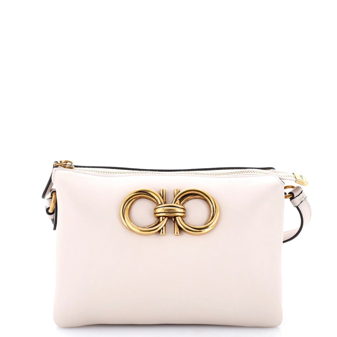Ferragamo Zip Leather Trapezio Crossbody Mini: Ferragamo Zip Leather Trapezio Crossbody Mini The Ferragamo Zip Leather Trapezio Crossbody Mini boasts understated elegance with its neutral exterior and classic trapezoid shape. Crafted from