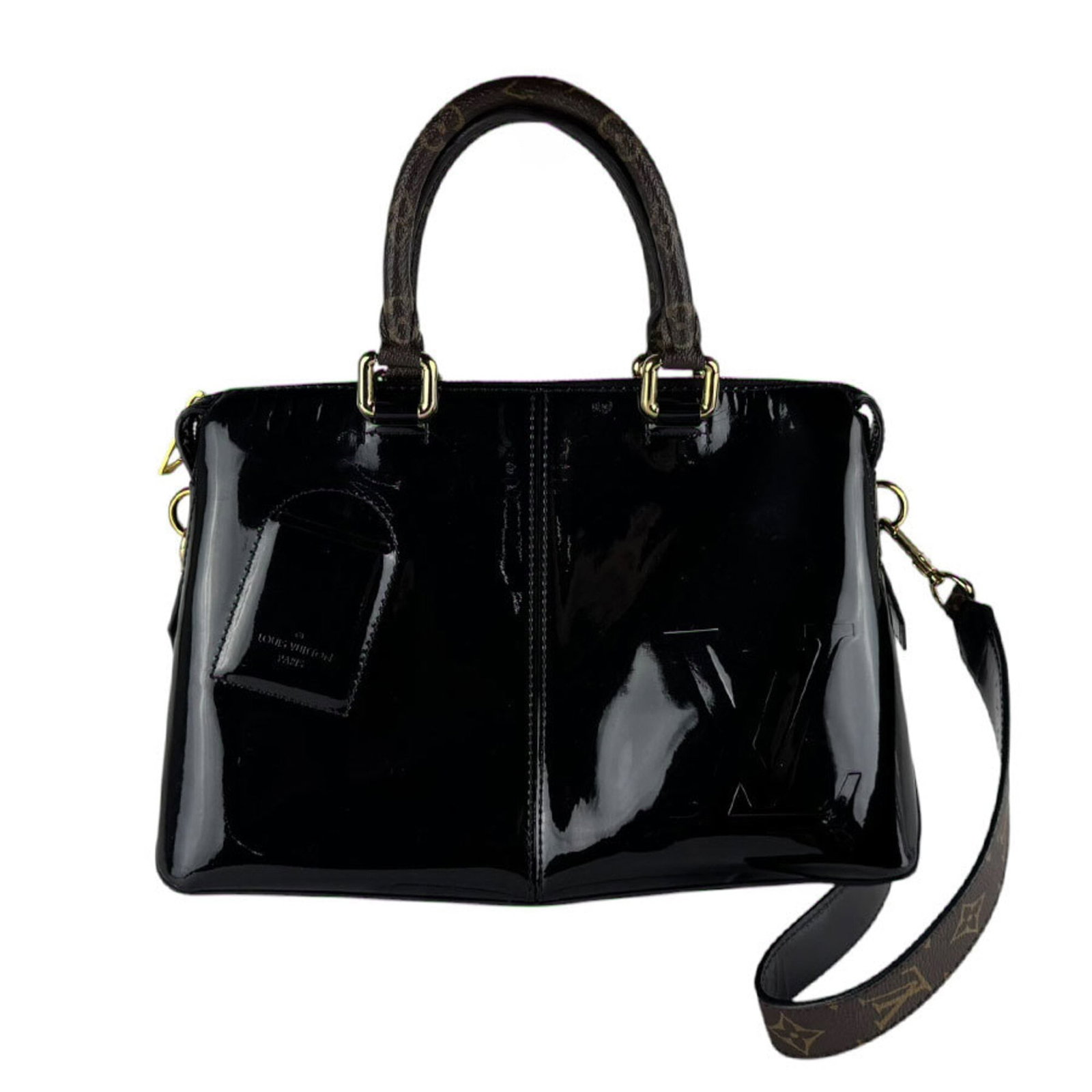 Patent leather monogram handbag shoulder bag by Louis Vuitton: Patent leather monogram handbag shoulder bag by Louis Vuitton Patent leather monogram handbag shoulder bag by Louis Vuitton, featuring the iconic monogram pattern in black and brown hues. Made from