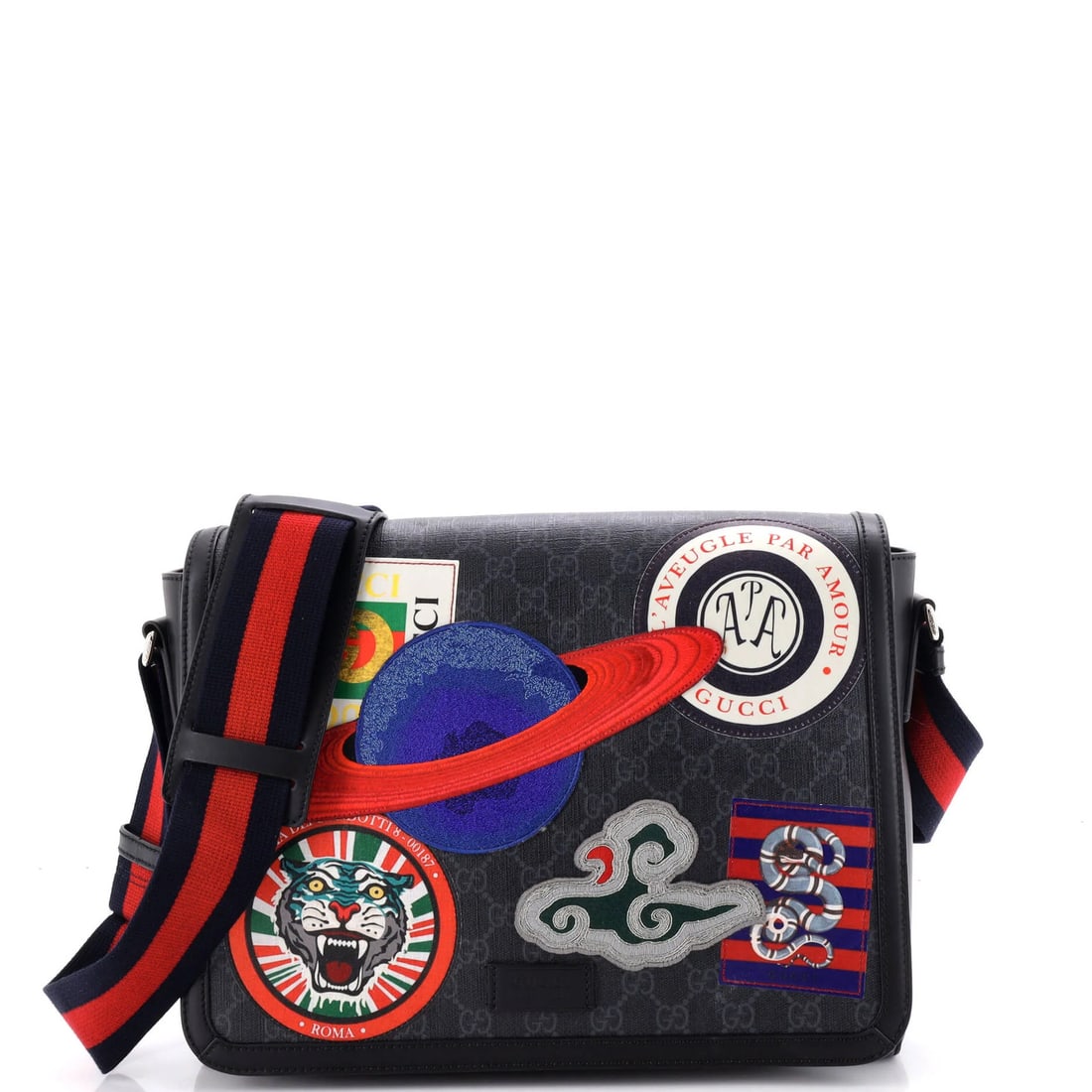 Gucci Night Flap Messenger Coated Canvas with GG Applique: Gucci Night Flap Messenger Coated Canvas with GG Applique Black Gucci Night Flap Messenger bag with GG applique, featuring canvas-coated exterior and interior in black. Measures 10" height, 13"