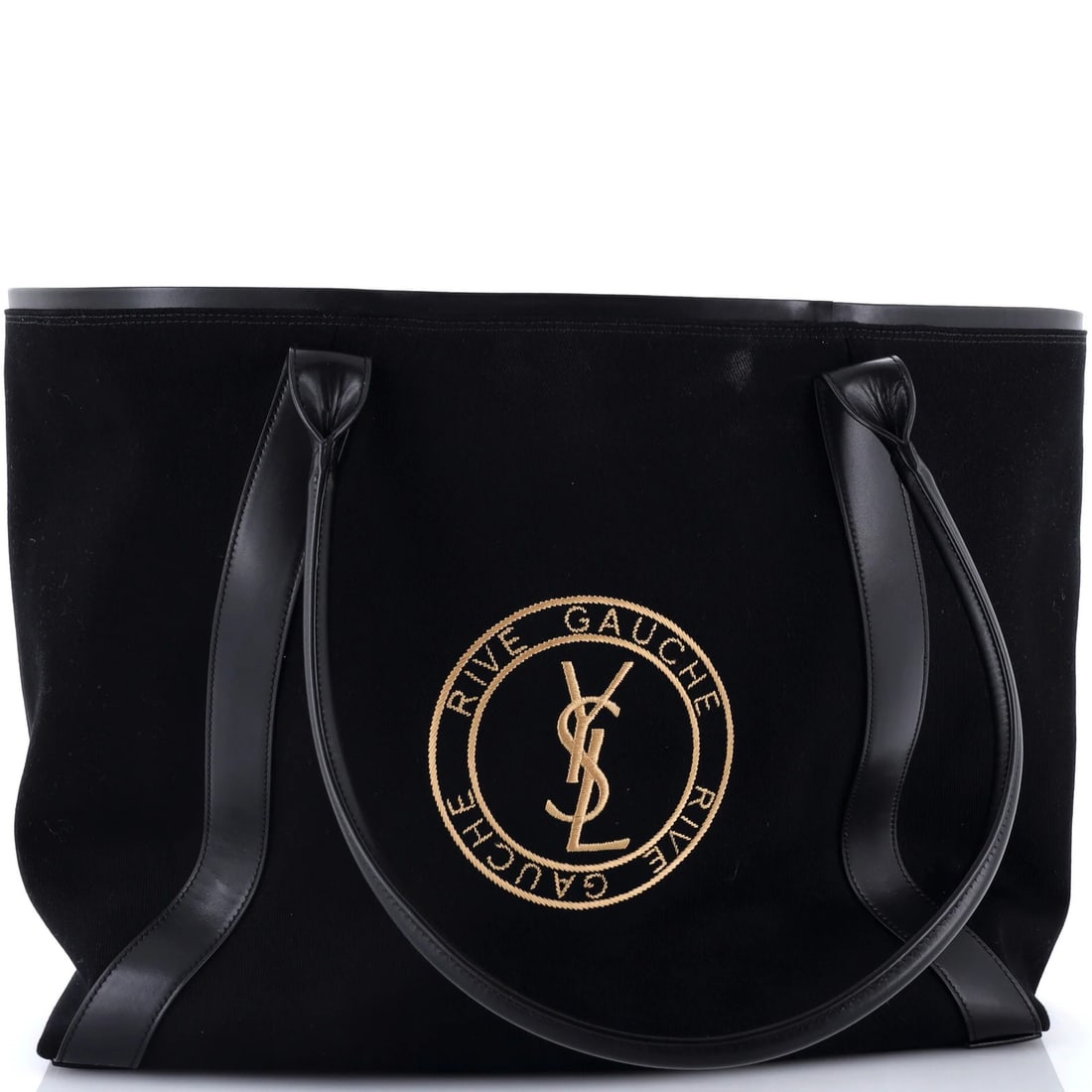 Large embroidered canvas tote open Saint Laurent Rive Gauche: Large embroidered canvas tote open Saint Laurent Rive Gauche Black canvas tote bag with embroidered design, measuring 12.5" high and 16" wide, features gold hardware and scuffs on exterior and interio