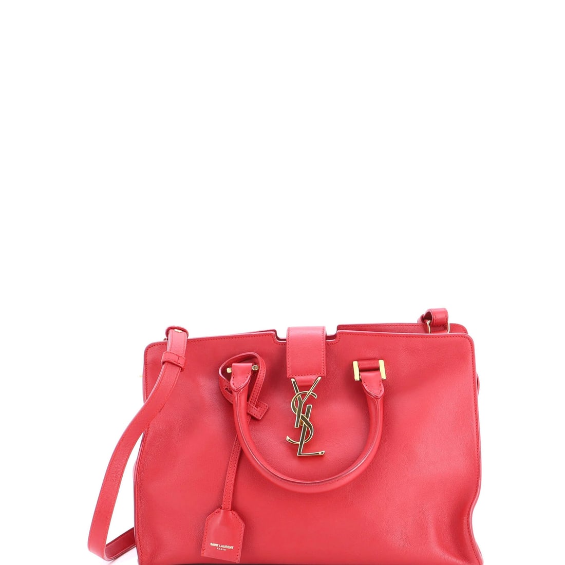 Cabas leather small classic y Saint Laurent: Cabas leather small classic y Saint Laurent Small Cabas Leather Satchel from Saint Laurent, featuring classic design and red exterior. The bag boasts gold hardware and a clochette with strap for added
