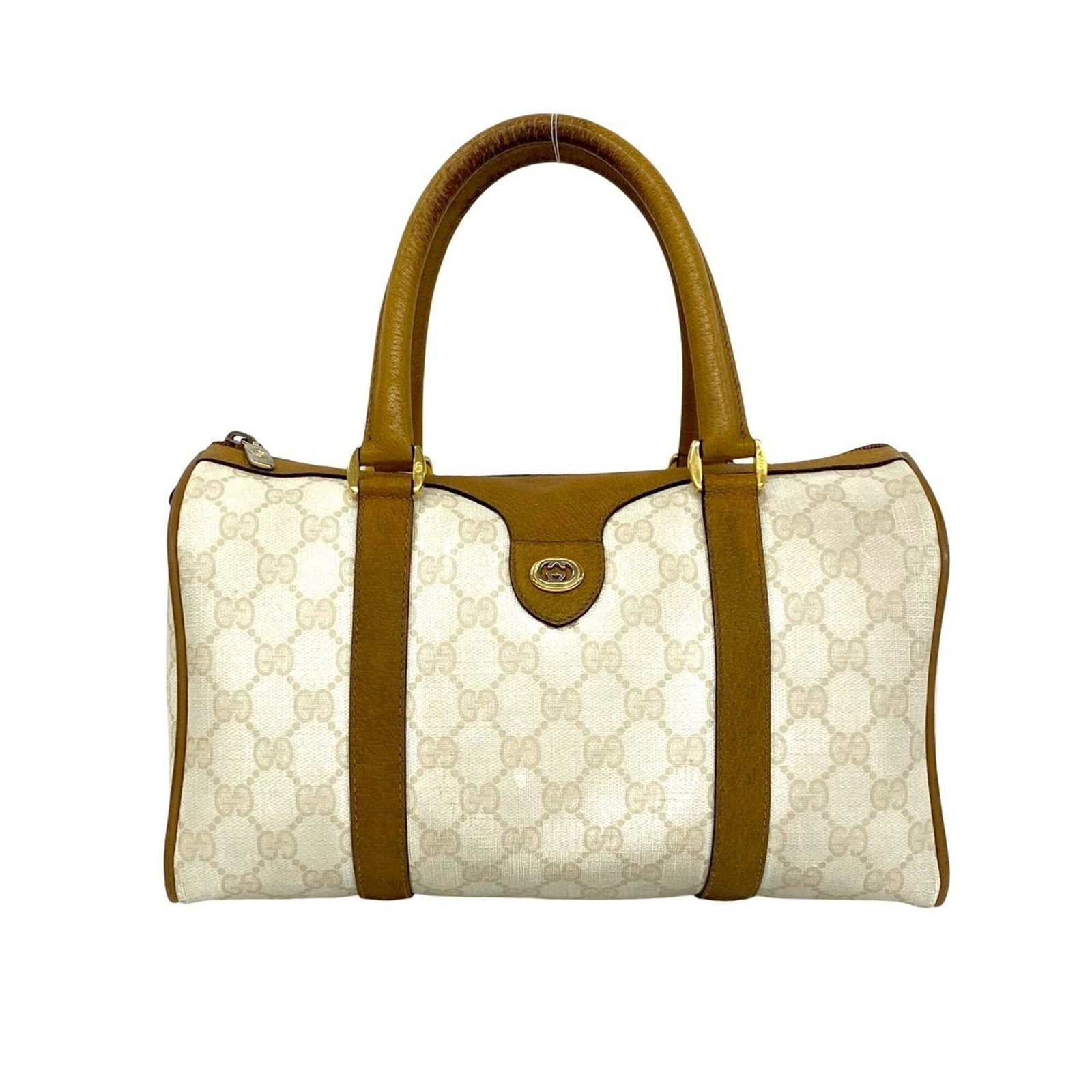 Boston Bag Leather Pvc Gucci Handbag: Boston Bag Leather Pvc Gucci Handbag Boston Bag Leather Pvc Gucci Handbag. This brown and white Boston bag features leather and PVC materials, with dimensions of 17cm x 28.5cm x 12.5cm. The bag bears 