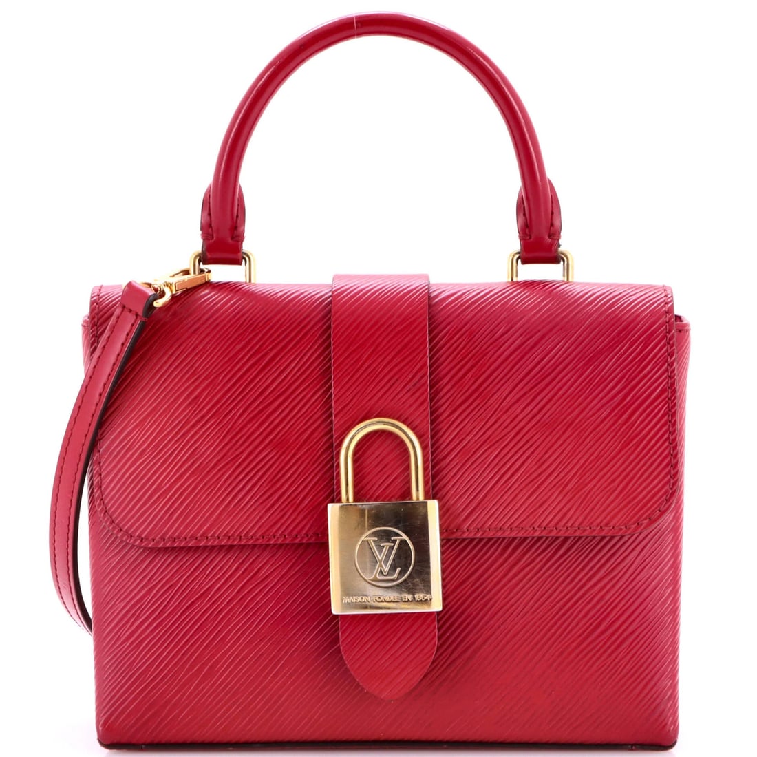 Epi Leather Handbag Locky Louis Vuitton: Epi Leather Handbag Locky Louis Vuitton Burgundy Epi Leather Locky Louis Vuitton Cross Body Bag with Gold Hardware, featuring heavy corner wear and scuffs on the exterior. This stylish bag measures