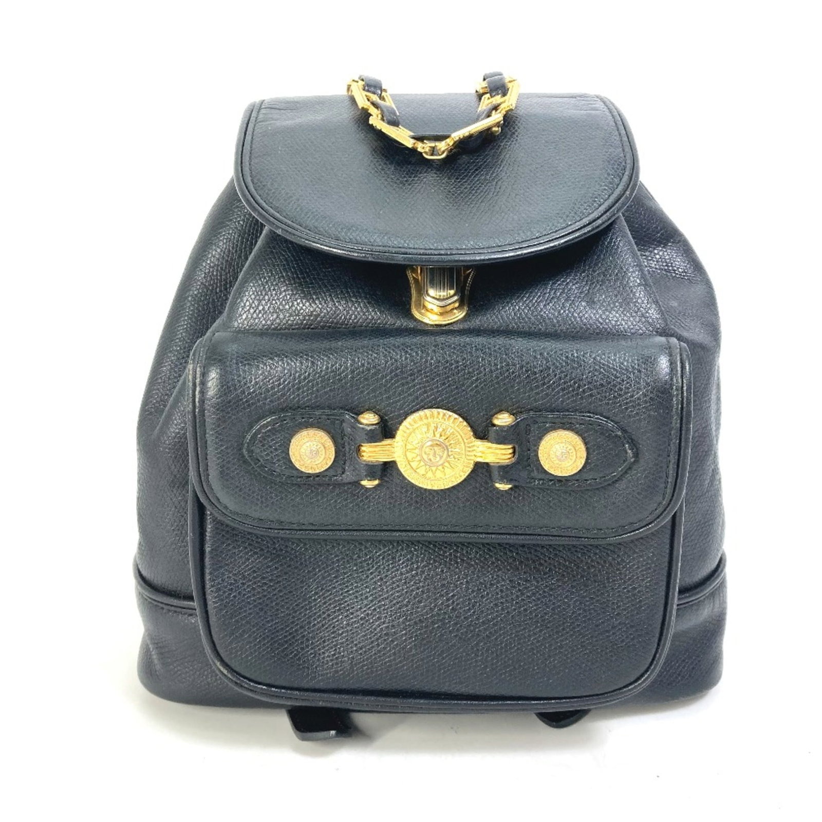 Backpack Leather Versace: Backpack Leather Versace Versace Leather Backpack, Black. Made from high-quality leather, this backpack features a sleek black design with clean lines and classic style. With its compact size and dura