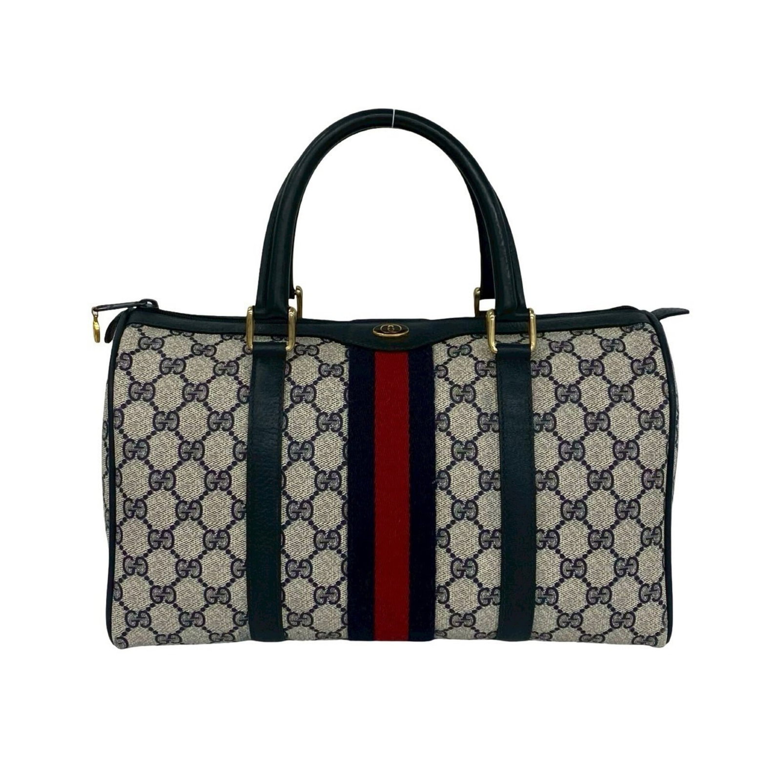 Boston Bag Leather Pvc Gucci Handbag: Boston Bag Leather Pvc Gucci Handbag Boston Bag Leather Pvc Gucci Handbag features a striking navy and red color combination, making it a bold statement piece. Constructed from high-quality leather