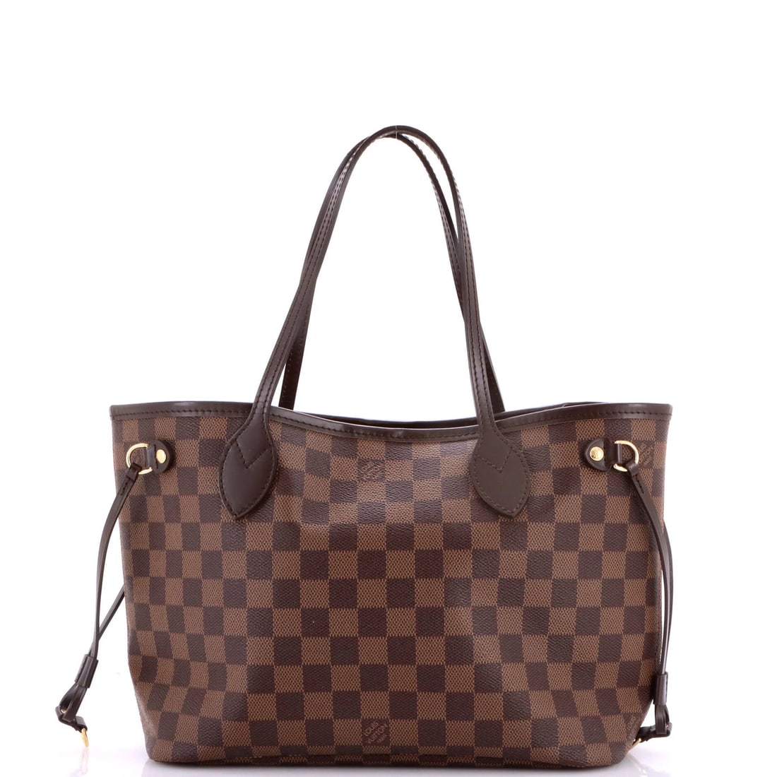 Louis Vuitton PM Damier Tote Neverfull: Louis Vuitton PM Damier Tote Neverfull Brown canvas coated Louis Vuitton PM Damier Tote Neverfull with heavy edge wear, corner wear, scuffs, and discoloration. Measuring 9" high, 11" wide, and 5"