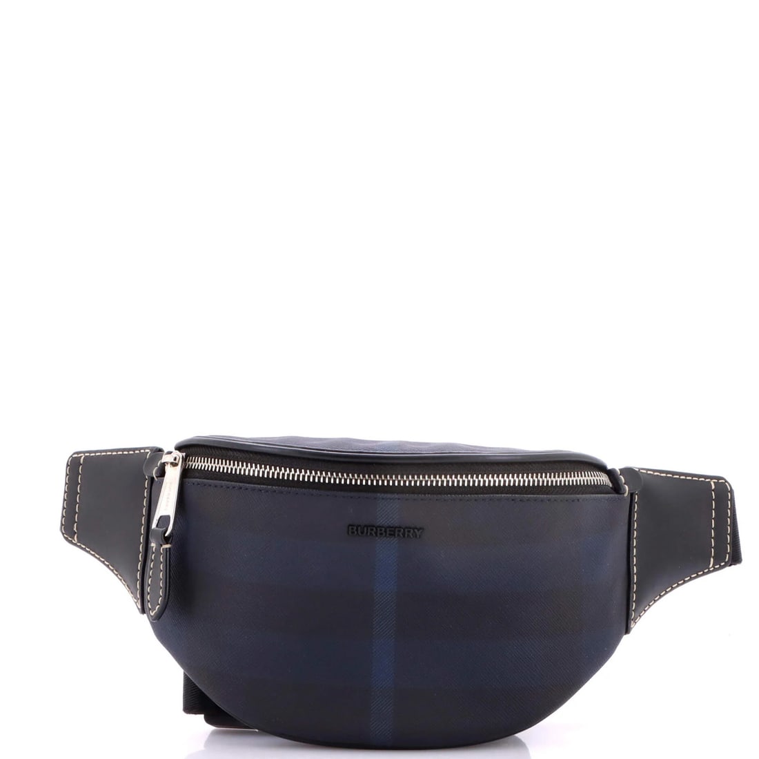 House Check Canvas Leather Burberry Mini Bum Cason Bag: House Check Canvas Leather Burberry Mini Bum Cason Bag Canvas and Leather Mini Bum Bag with House Check Design, measuring 5.5" x 8" x 2.5". This compact bag features a blue exterior with minor corner