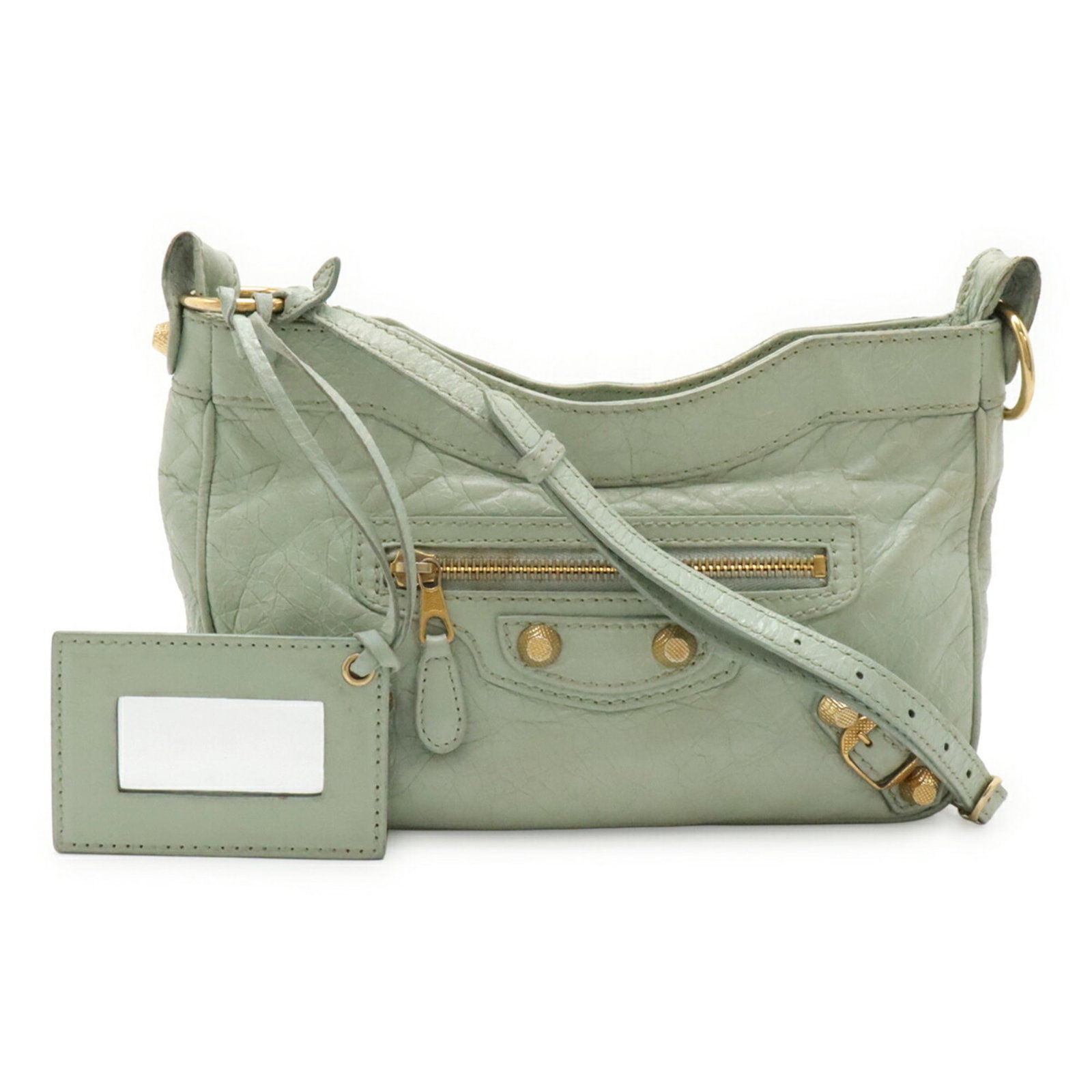 Bag Pochette Shoulder Leather Balenciaga Clutch: Bag Pochette Shoulder Leather Balenciaga Clutch Light green leather Balenciaga pochette clutch with clean lines and classic design. Measuring 14cm x 23cm x 5.5cm, it's a stylish shoulder bag perfect