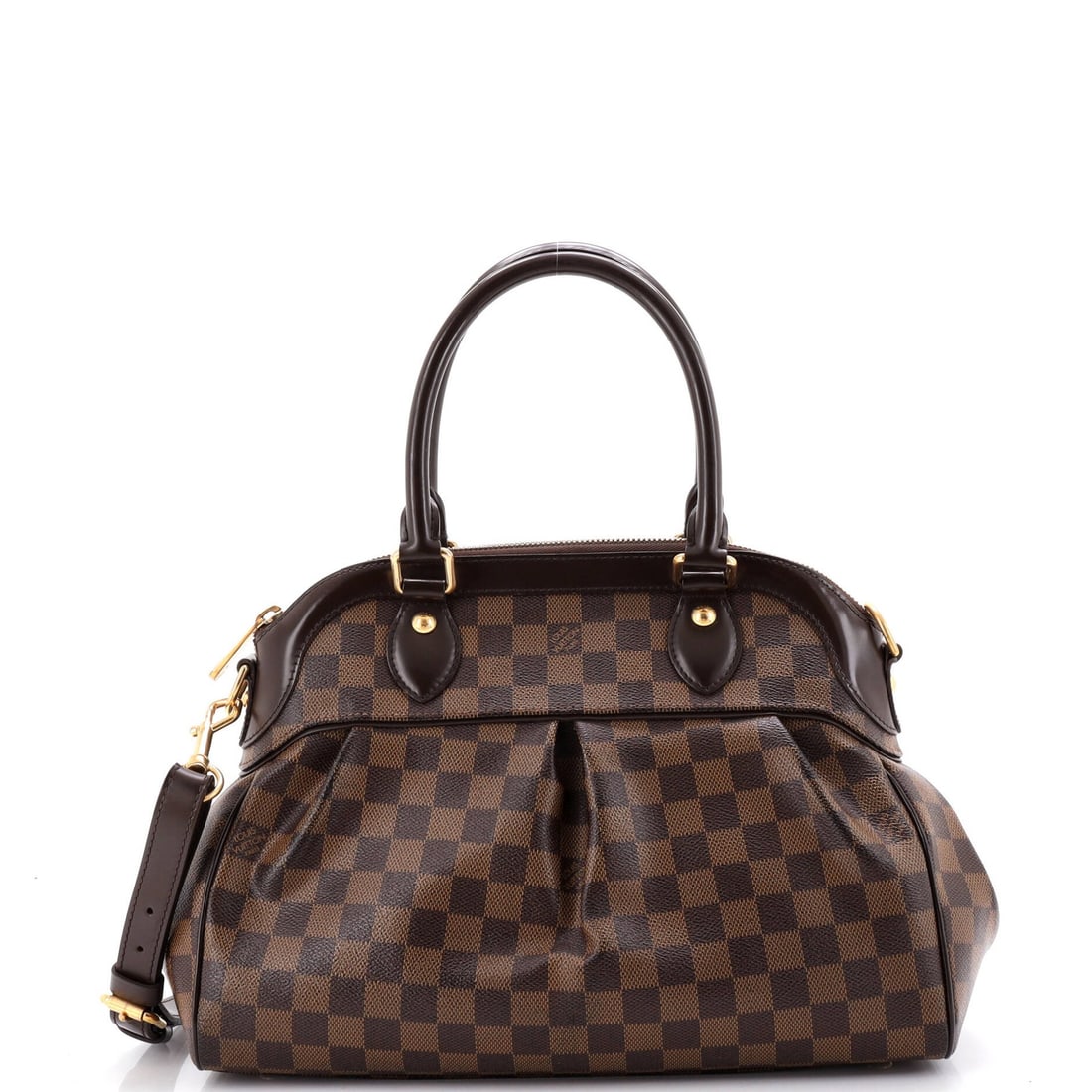Damier PM Handbag Trevi Vuitton Louis: Damier PM Handbag Trevi Vuitton Louis Brown Damier PM Louis Vuitton Trevi Pm Handbag with Gold Hardware and Red Microfiber Interior. This pre-owned handbag features a canvas coated exterior with