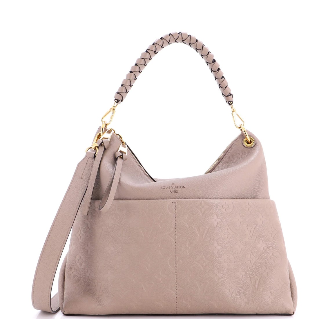Maida handbag monogram empreinte leather Louis Vuitton: Maida handbag monogram empreinte leather Louis Vuitton Maida handbag monogram empreinte leather Louis Vuitton features a neutral exterior with minor corner wear and creases, and gold hardware. The int