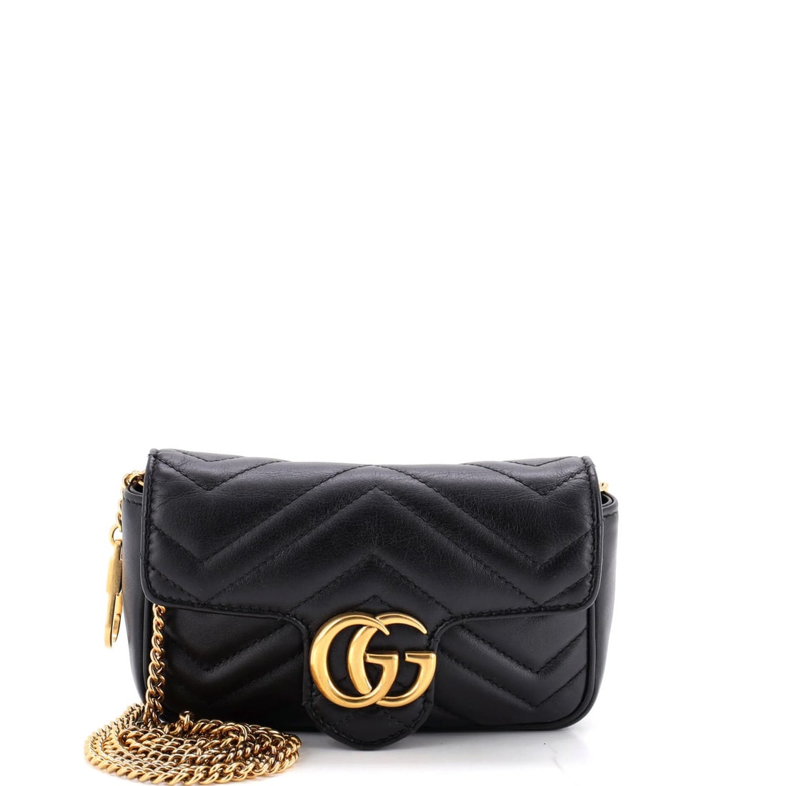 Matelasse Leather Super Mini Gucci GG Marmont Flap Bag: Matelasse Leather Super Mini Gucci GG Marmont Flap Bag Matelasse Leather Gucci GG Marmont Flap Bag in Black. This super mini cross body bag features matelasse leather exterior, a neutral microfiber